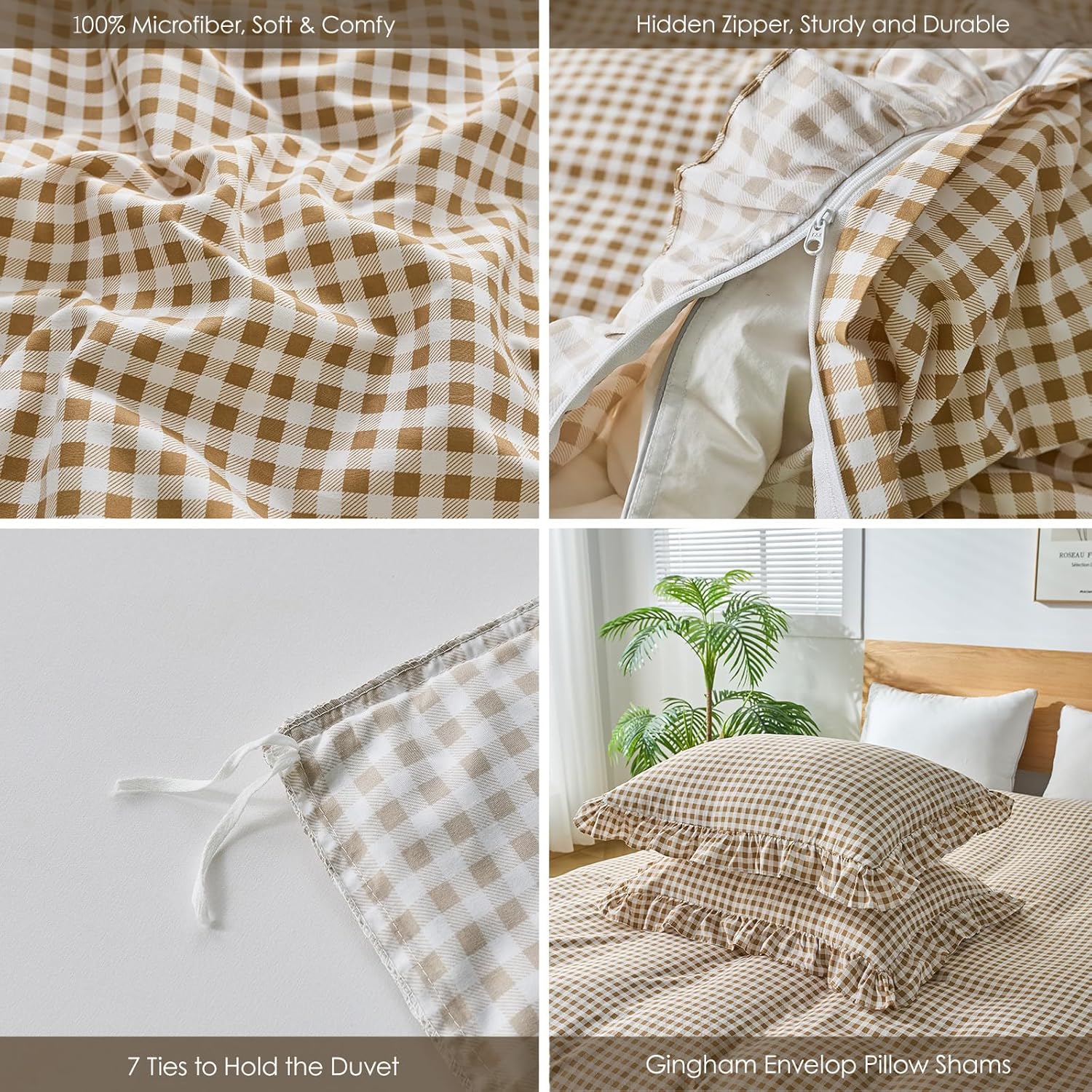 Gingham Duvet Cover Queen Size, 3 Pieces Soft Breathable Microfiber Plaid Comforter Cover with Zipper Closure & 2 Pillow Shams, Ruffle Farmhouse Vintage Decor, Taupe
