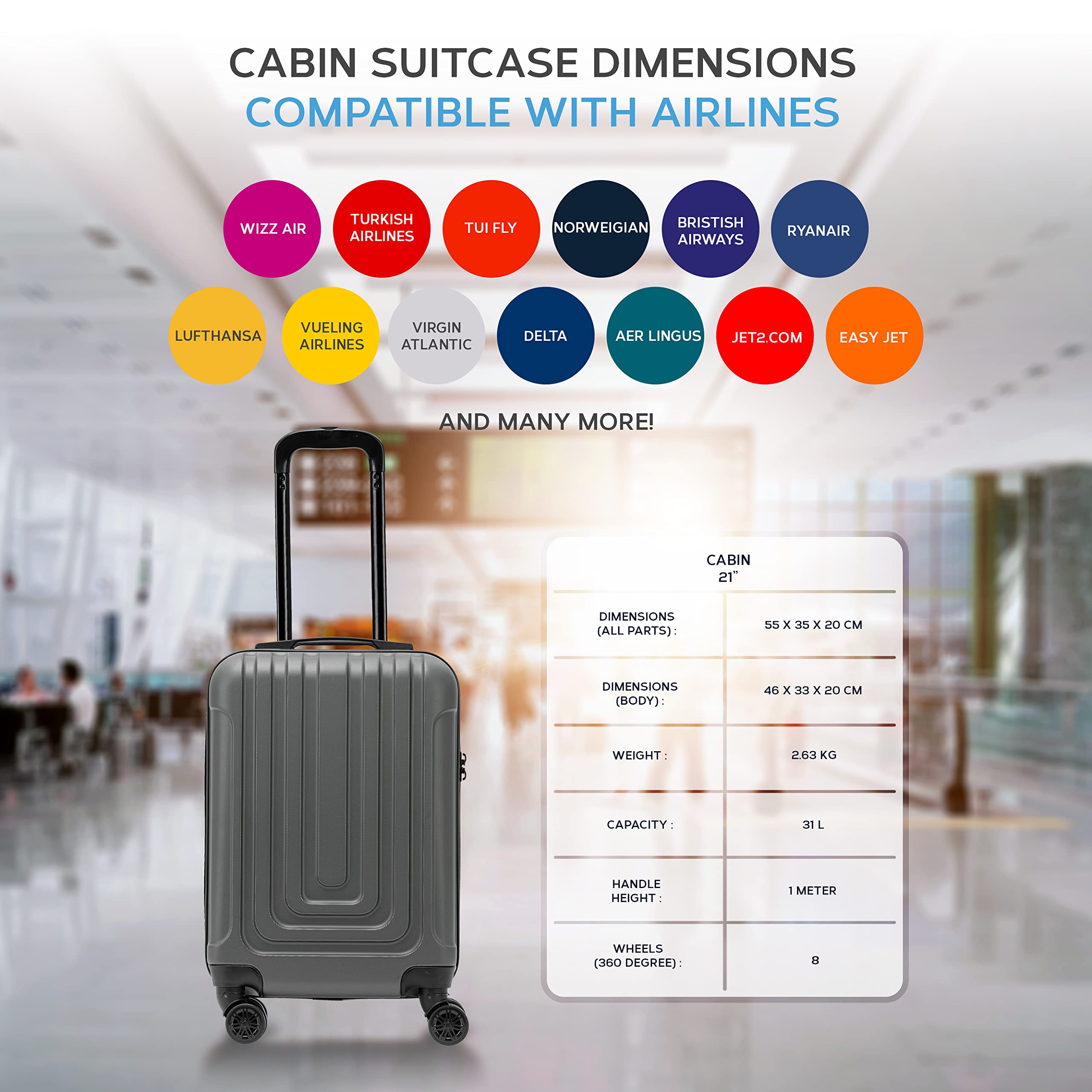 Flight Knight Premium Set of 2 Lightweight Cabin Suitcase - 8 Spinner Wheels - Built-in TSA Lock & USB Port - Luggage Approved for Over 100 Airlines Including easyJet, Ryanair & Jet2-55x35x20cm