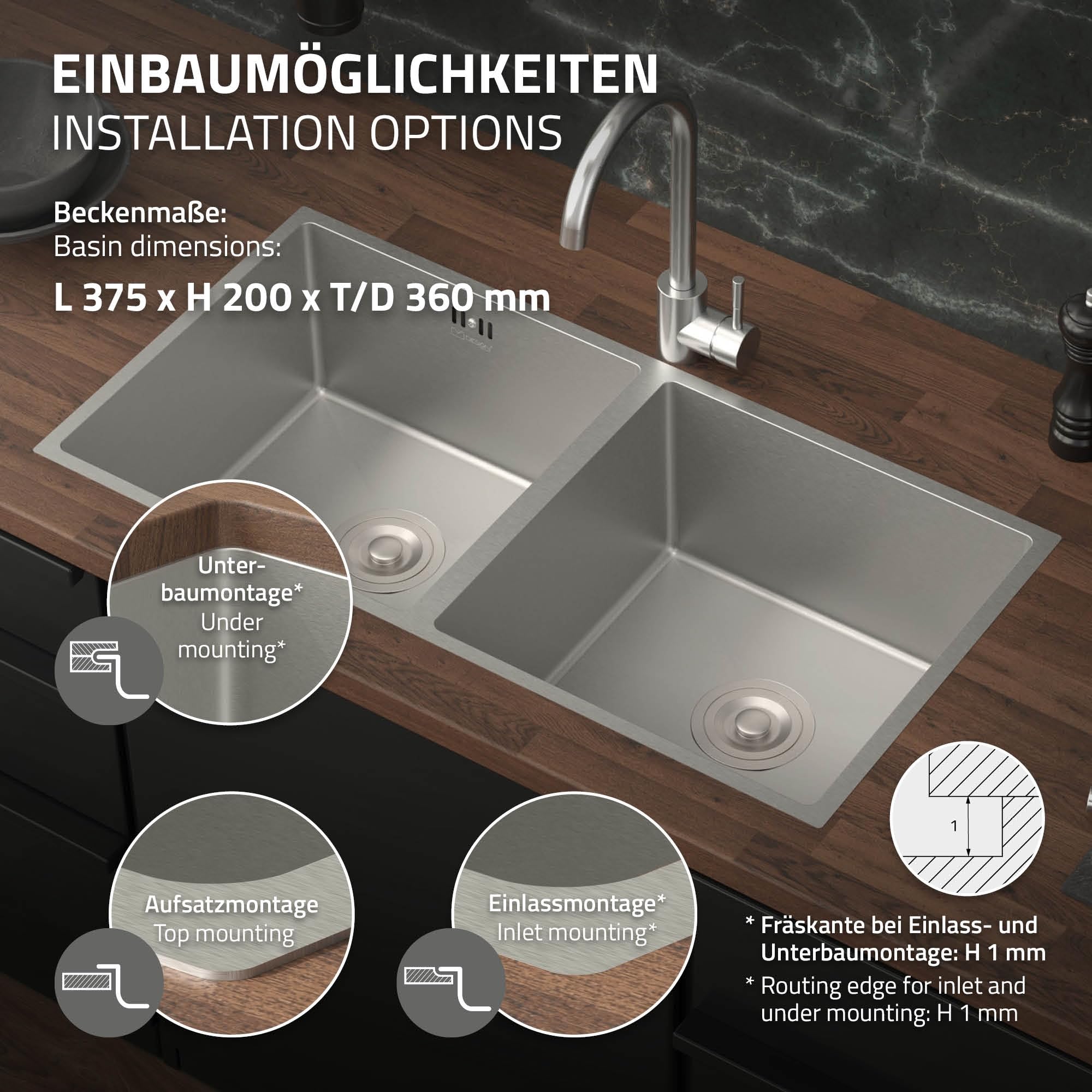 ML-Design Évier Double en Acier Inoxydable, 81,5 x 40 cm, Argenté, avec Vidage et Trop-Plein, Bassin à Encastrer Sous Plan, Rectangulaire, 2 Bacs avec Siphon, Lavabo Encastrable Inox, Cuve Double