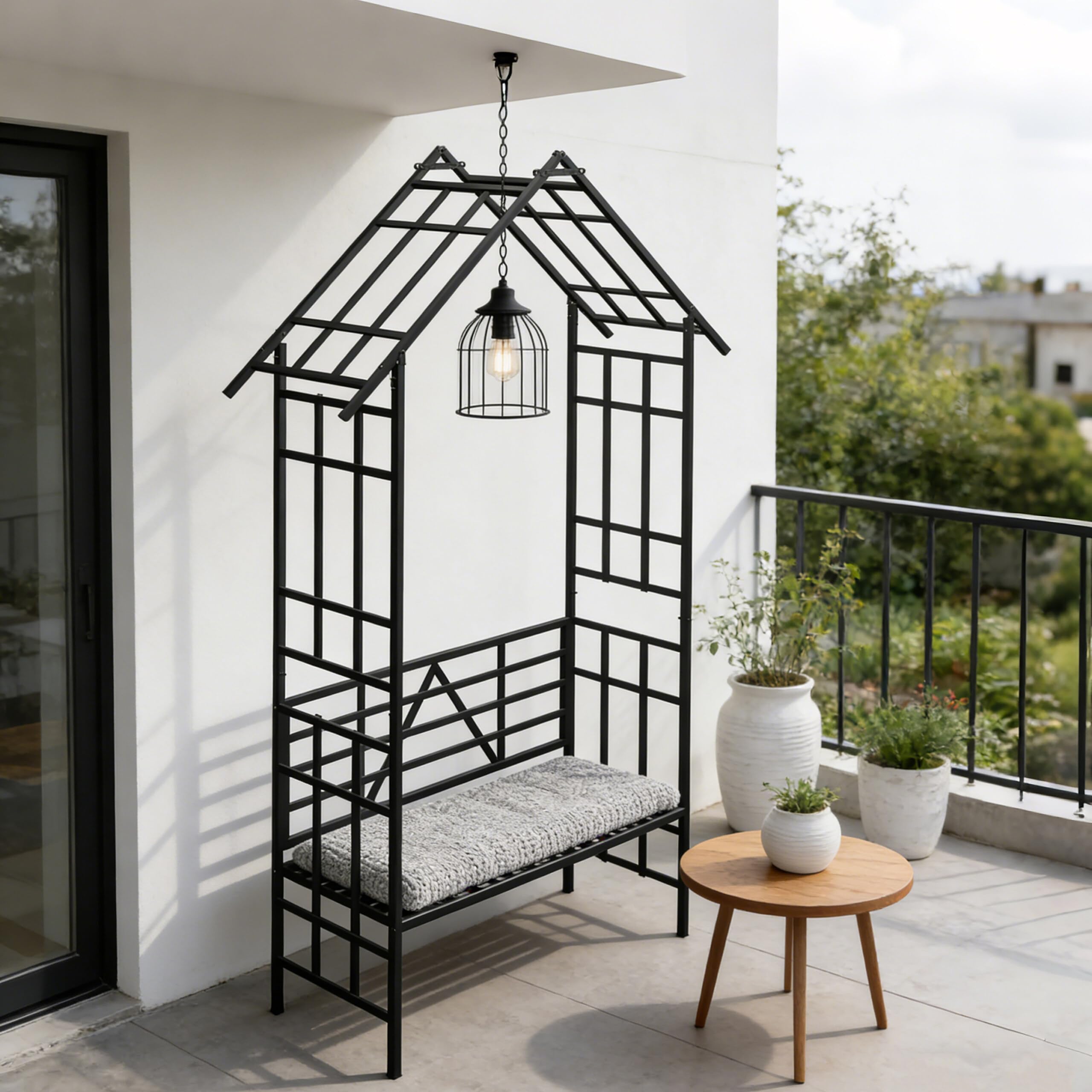 Arche à Roses Relaxdays, avec Banc ou jardinière, pour Jardin & entrée, H x L x P : 247 x 150 x 43 cm, métal, Noir