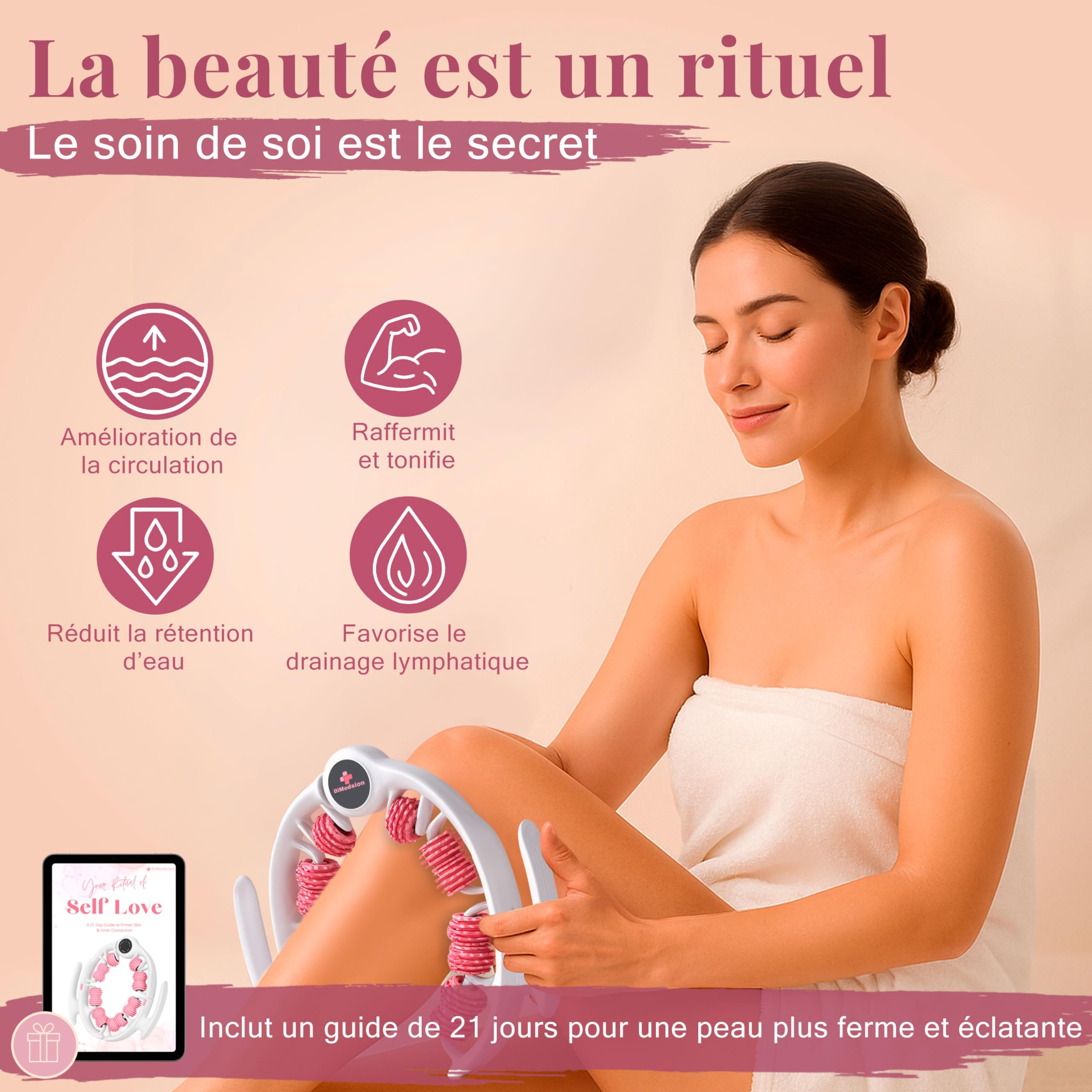 Masseur anti cellulite avec 14 roulettes pour drainage lymphatique des jambes, cuisses et fesses, rouleau de massage anticellulite pour stimuler la circulation et réduire l’aspect cellulite