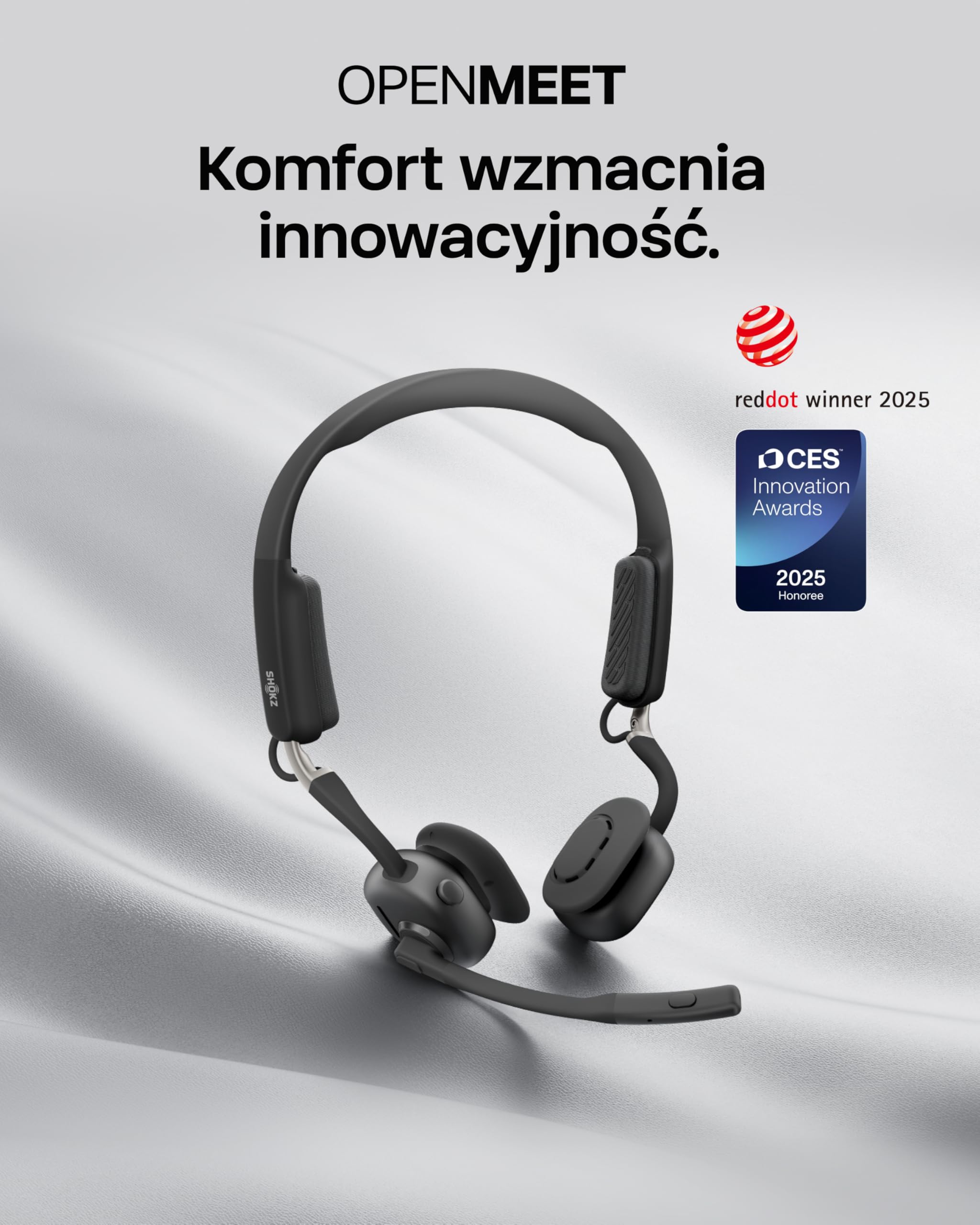 Shokz OpenMeet headset Open-Ear z 2 mikrofonami | Bluetooth 5.4, 15h baterii, 2 mikrofony z redukcją szumów, szybkie ładowanie, do pracy, połączeń i spotkań