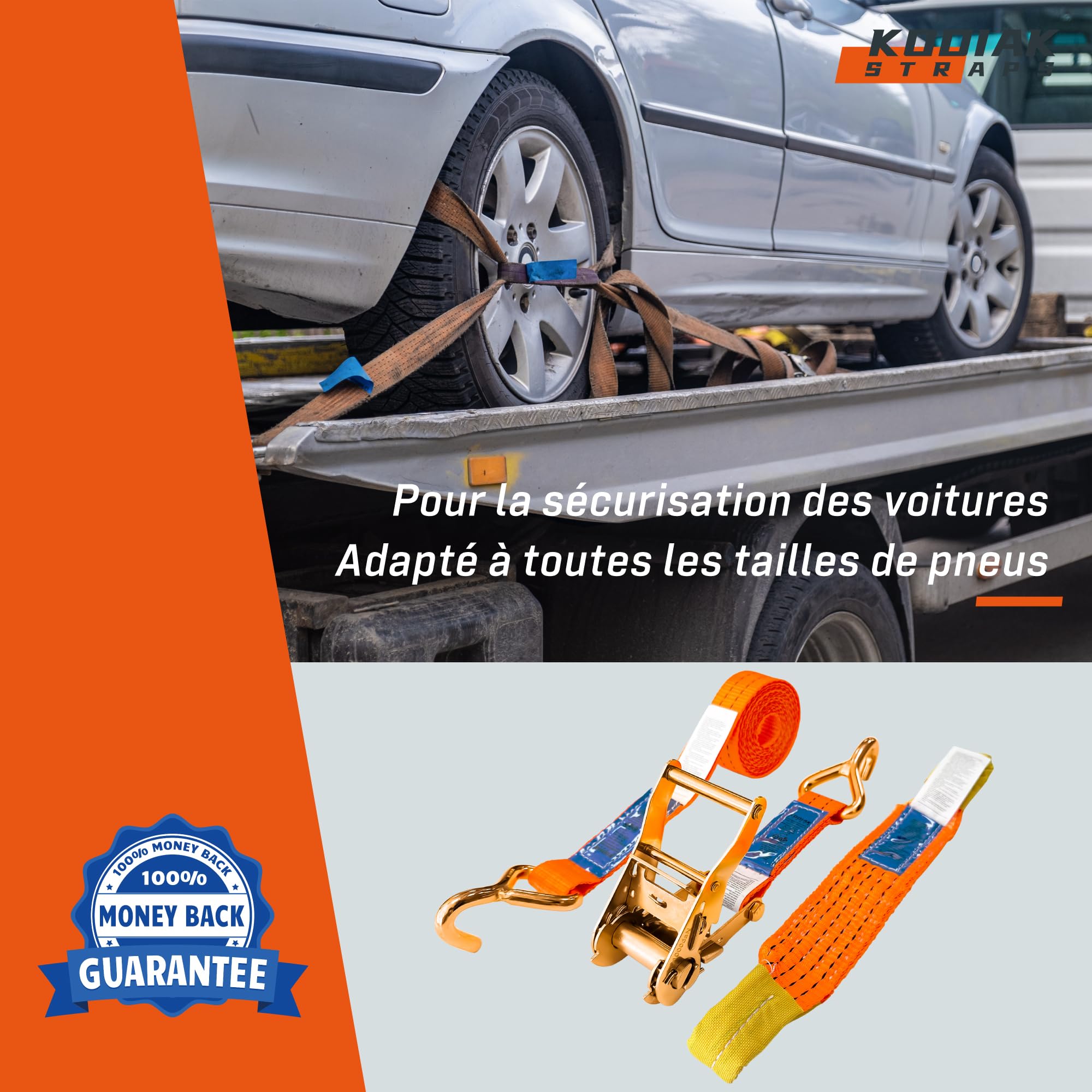 4 Lots de Sangles à Cliquet pour Transport de Véhicules | Largeur 35 mm 2000 daN | Sangles de Sécurité pour Roues, Voitures, Remorques et Poids Lourds - Certifié TÜV/GS DIN en 12195-2 - KODIAK STRAPS