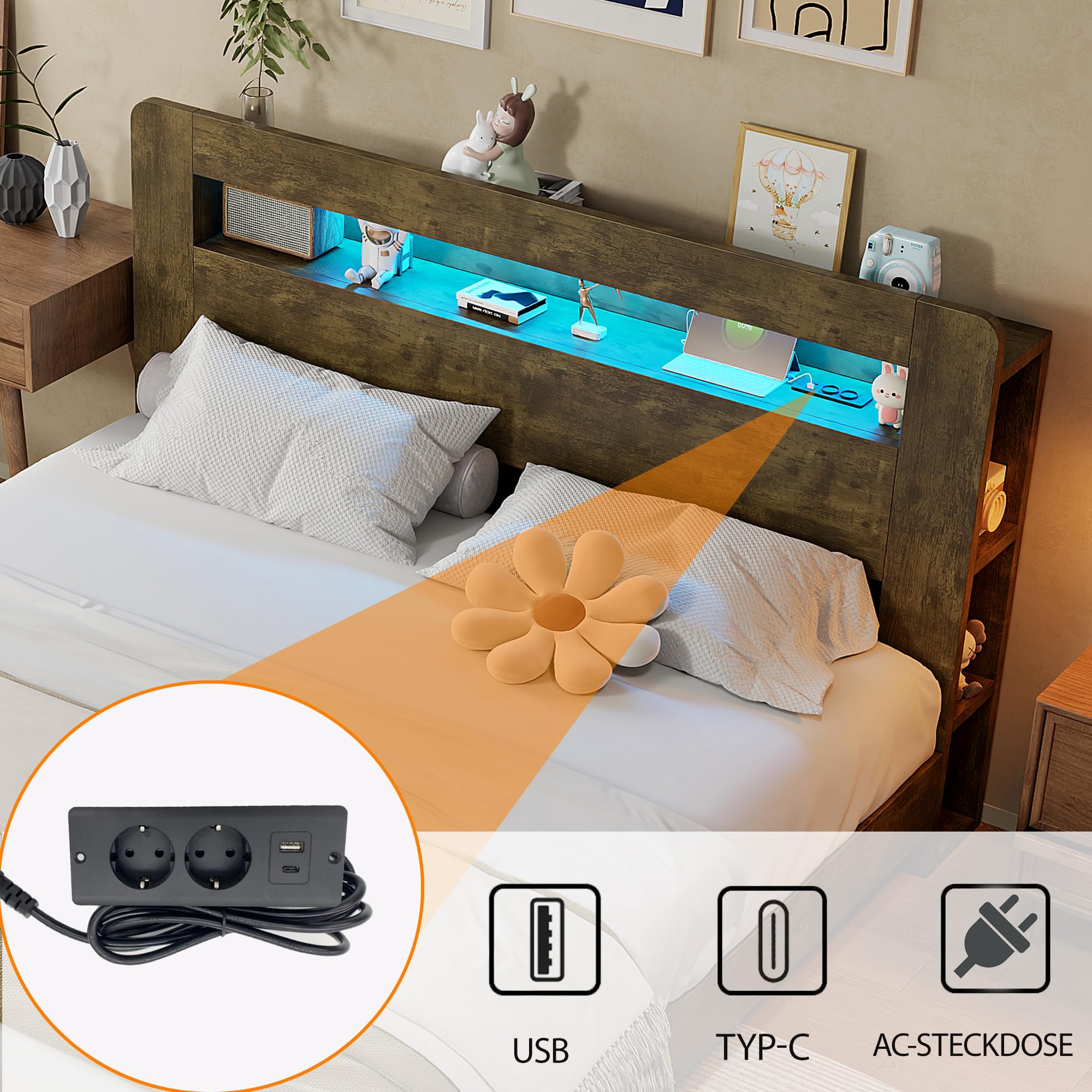 Camas Juveniles Cama 140x200 cm con Enchufe y USB, Camas Matrimoniales con LED y Cabecero de Almacenaje, Cama Doble con Almacenamiento Hidráulico, Somier de Madera, Sin Colchón, Madera Vintage