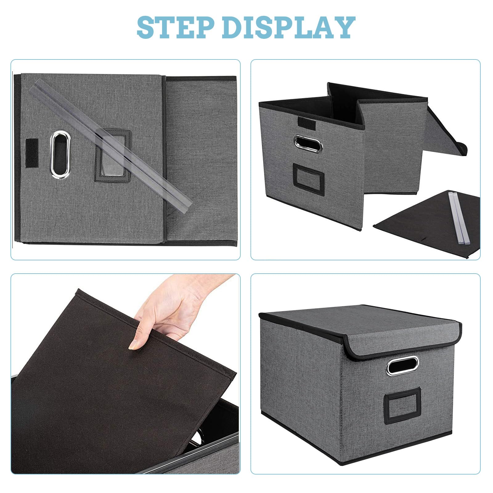 Upgraded Filing Boxes Portable Paperwork Organiser Large Capacity Multifunctional File Organiser with Lid Foldable Fabric Hanging Filing Box with Plastic Slide for Home Storage Office Filing-Dark Grey - Image 4