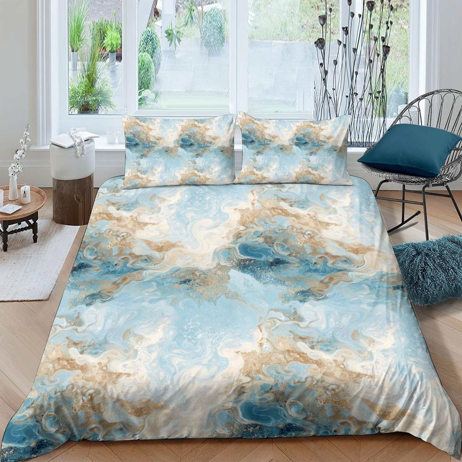 Ctjqhvkz Style-8 3D Printed Blue Cloud Fitted Sheet Microfiber Soft Breathable Gold Marble Mattress Cover Bedroom Decor Single（135X200cm）