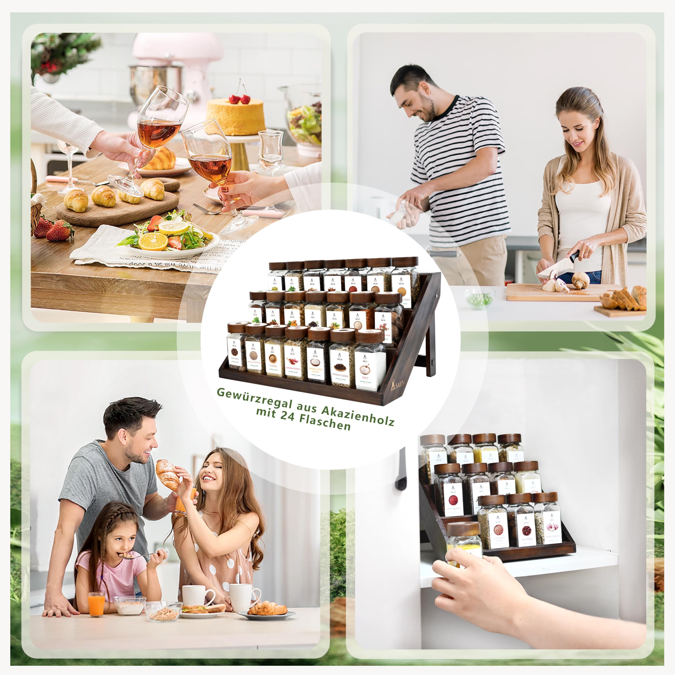 SAEIV Gewürze set 2-in-1 Akazien Holz FCM®21x120ml gewürzstreuer glas gewürzgläser eckig gewürzgläser glas Gewürz Organizer gewürzbehälter gewürzdosen spice jars gewürzgläser leer mit 120 Etiketten