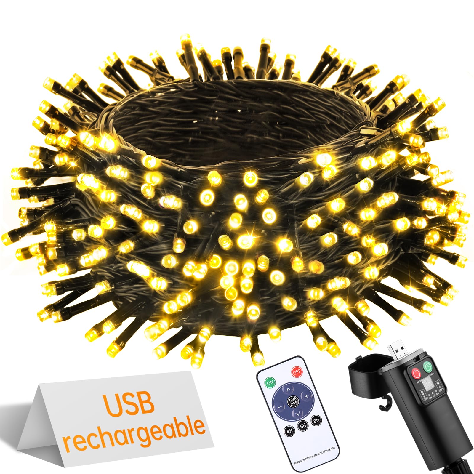 UIONVO Outdoor Camping String Lights - USB Rechargeable 10m 100 LED Warm White Fairy Light Remote Waterproof Outdoor Garden Indoor Tent Lighting Wedding Party Decorations
