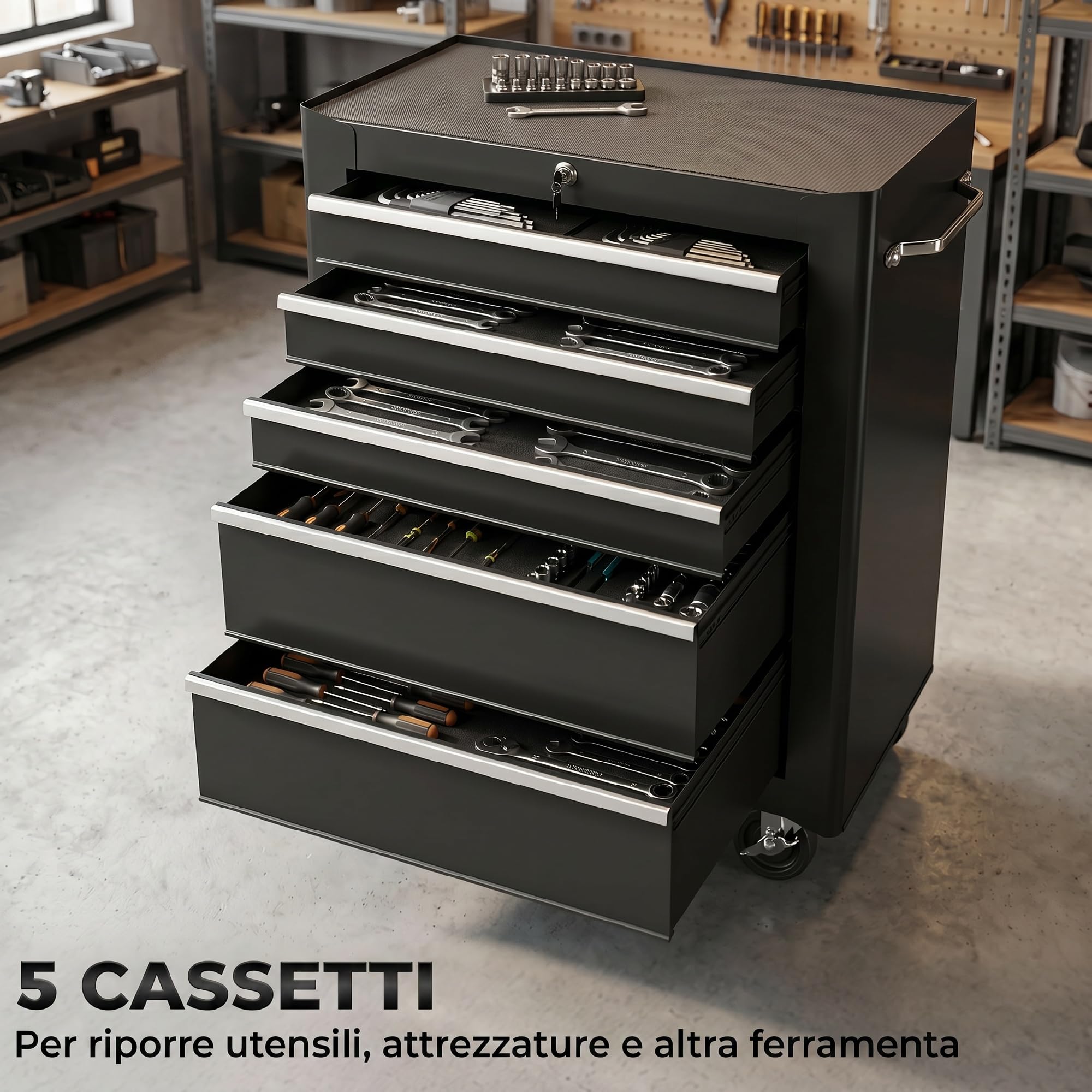 HOMCOM Carrello Porta Utensili con Cassettiera con Cassettiera Nero | Attrezzatura, 61.5x33x82.5cm