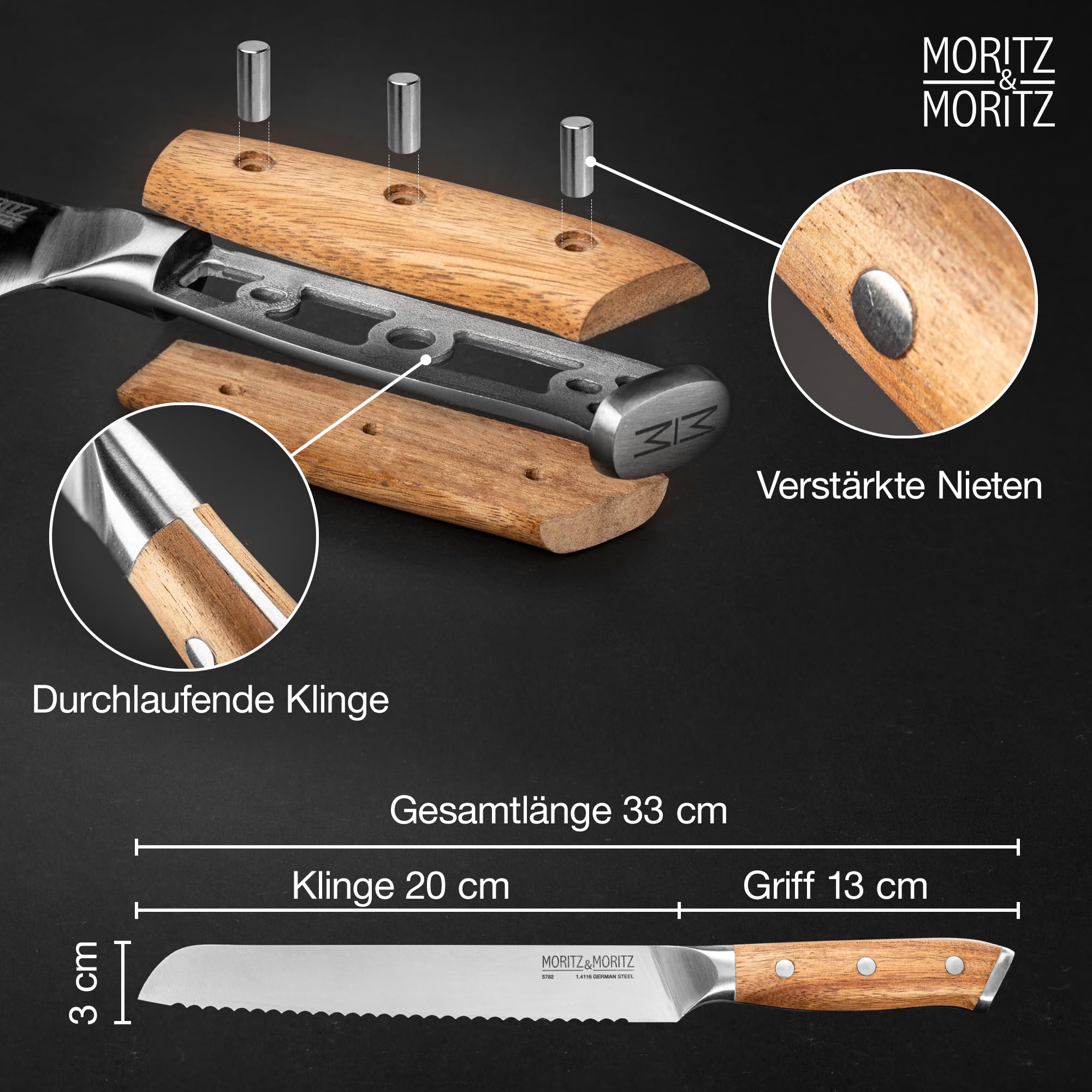 Moritz & Moritz Brotmesser 20 cm - Großes Profi Brotschneidemesser mit Wellenschliff - Scharfes Sägemesser zum Schneiden von Brot - Ergonomischer Griff aus Akazienholz - Deutscher Messerstahl – Bild 3