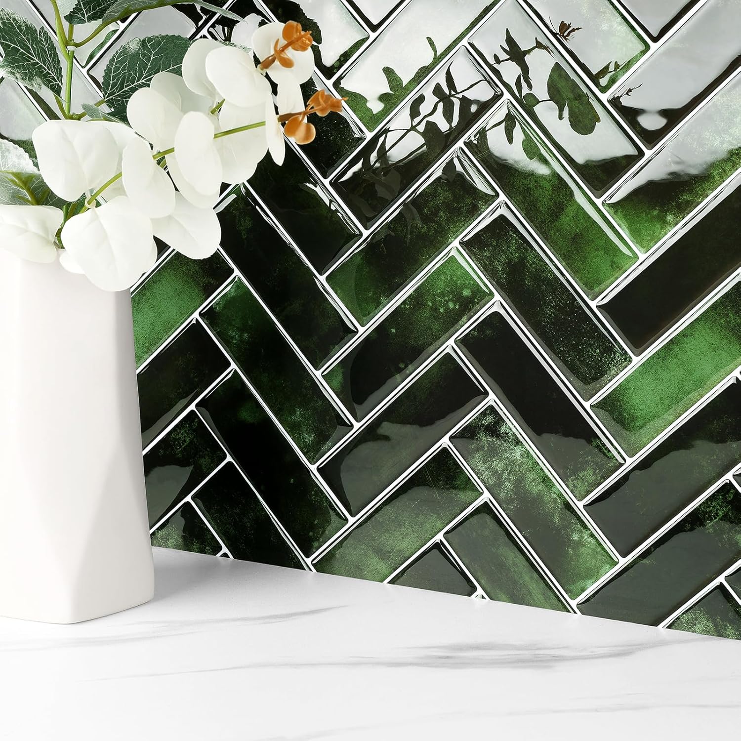 FunStick 15 Pcs Emerald Green Herringbone Peel and Stick Backsplash for Kitchen Self Adhesive Wall Tiles 12x12 Kitchen Backsplash Tiles Peel and Stick Tile Stickers for Bathroom Shower Fireplace Walls