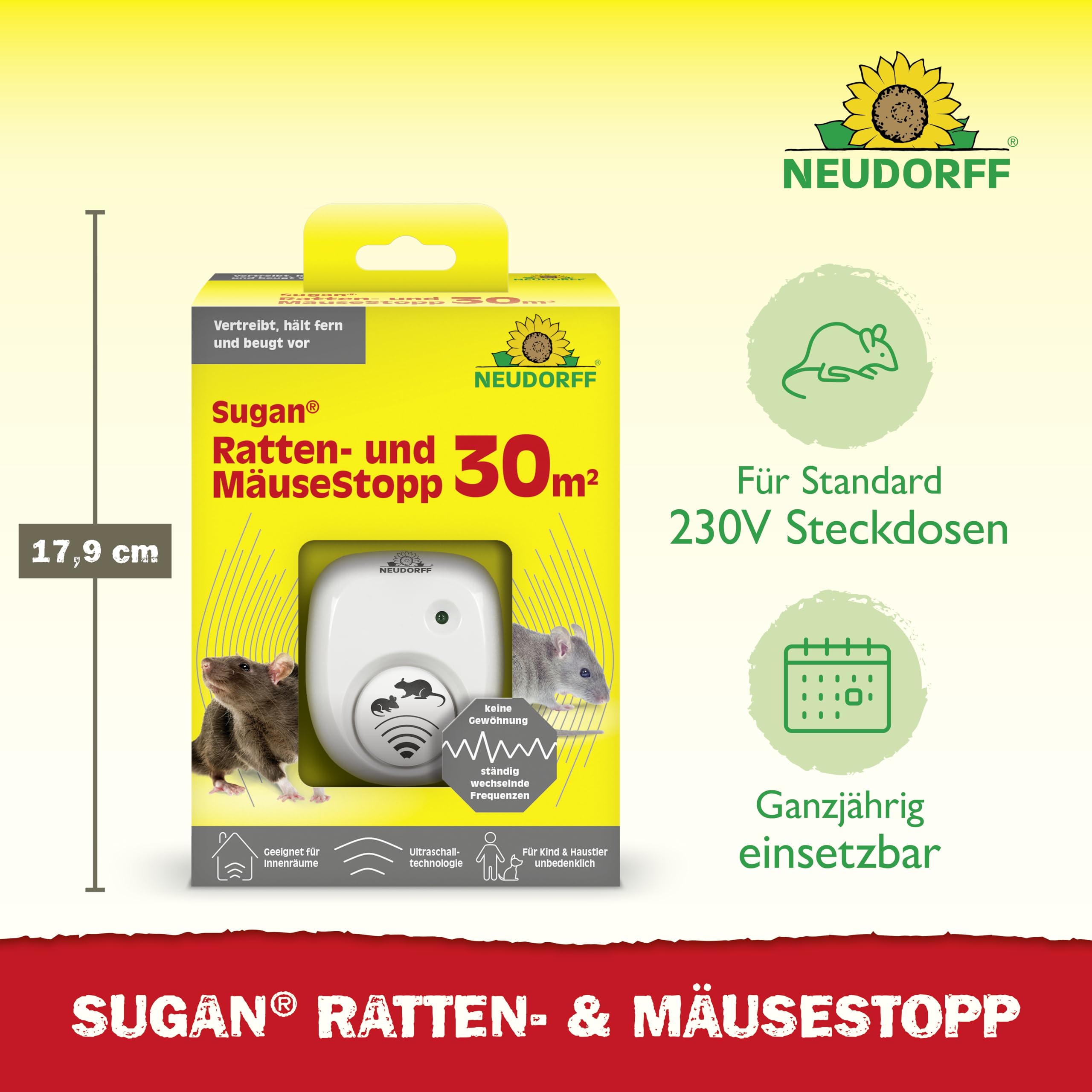 Neudorff Sugan Ratten- und MäuseStopp 30 m² - Ultraschall vertreibt Ratten und Mäuse sofort und dauerhaft aus Haus, Keller und Garage. Anti Gewöhnungseffekt, 1 Stück