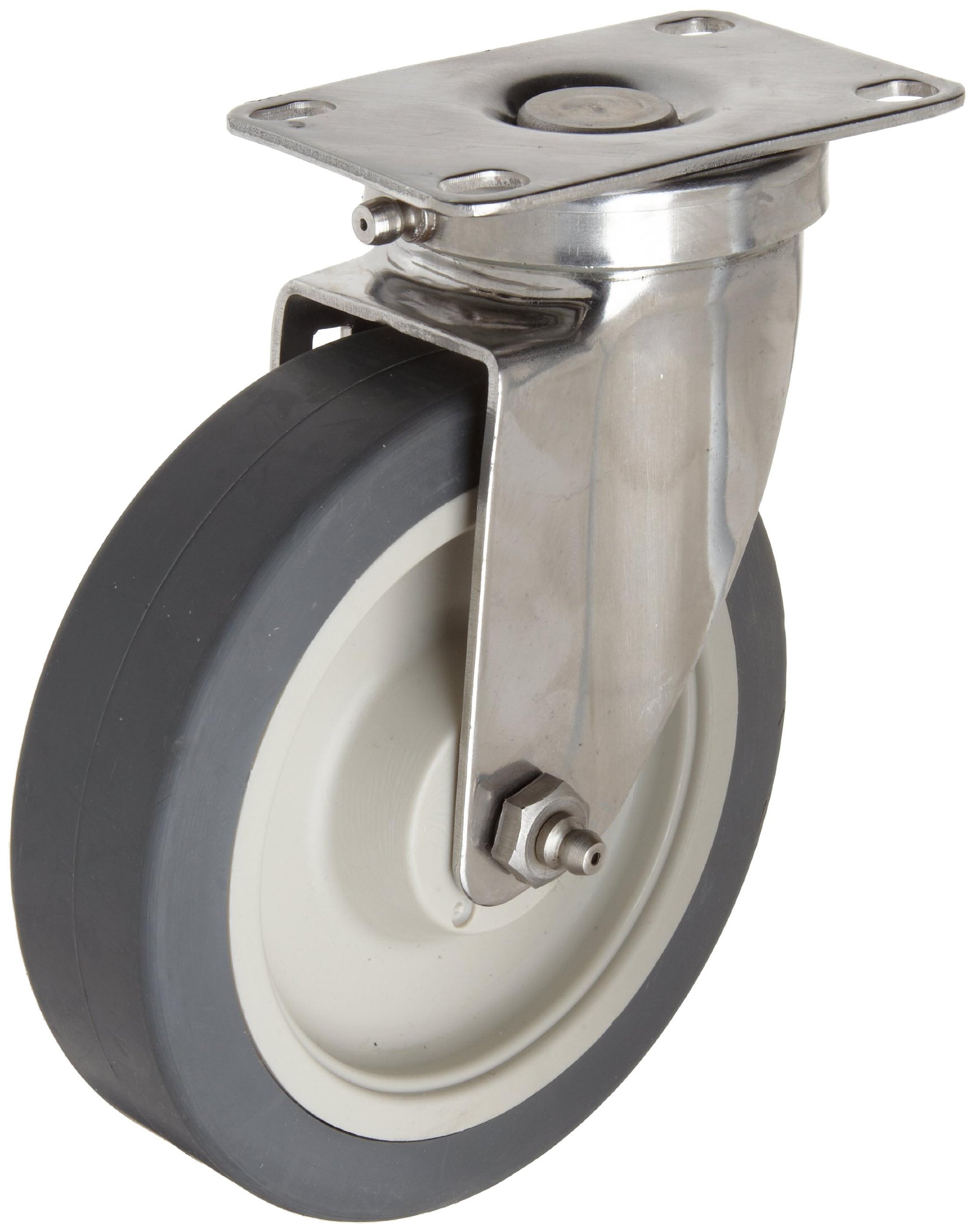 E.R. Wagner Plate Caster, Rigid, Thread Guard, Polyolefin Wheel, Roller Bearing, 400 lbs Capacity, 4" Wheel Dia, 2" Wheel Width, 5-5/8" Mount Height, 4-5/8" Plate Length, 4" Plate Width