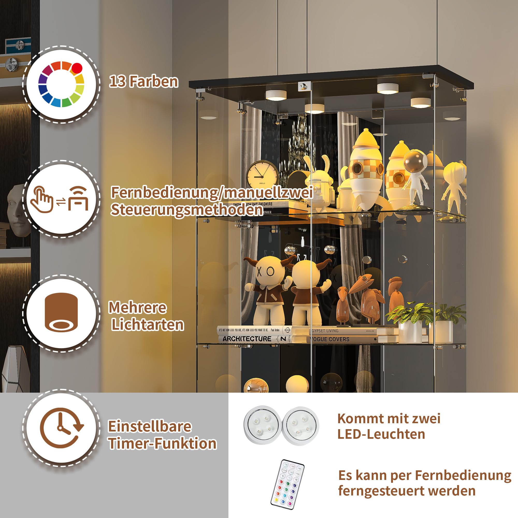 Vetrina a 4 ripiani in vetro con serratura a luce LED e retro a specchio 2 ante vetrina da pavimento per libri da collezione e decorazioni per la casa