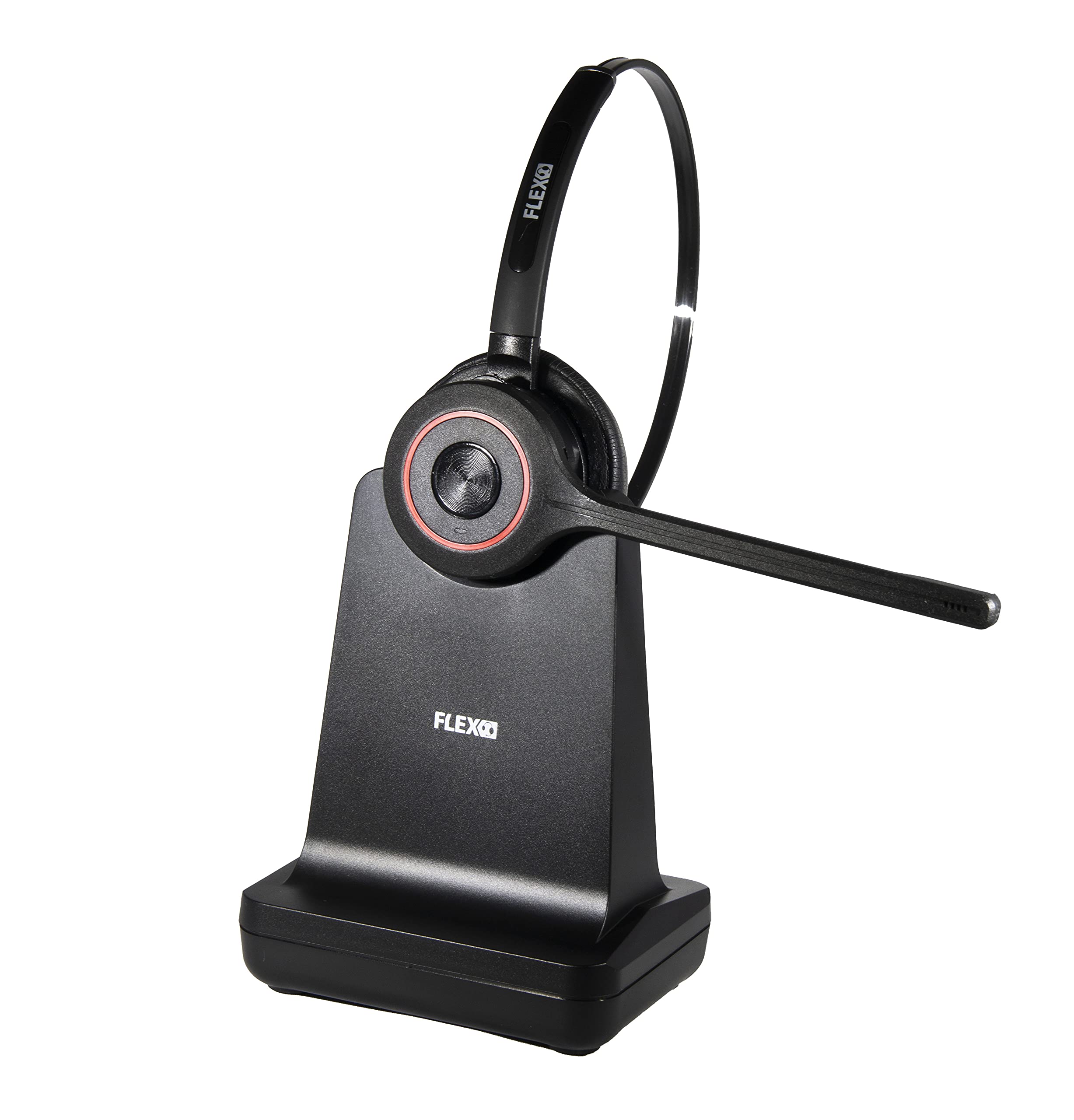 Auricolare Bluetooth da ufficio con caricatore da tavolo - Auricolare senza fili On-Ear con microfono a cancellazione del rumore - FLEX headset redline R6 mono per cellulare e PC - Nero