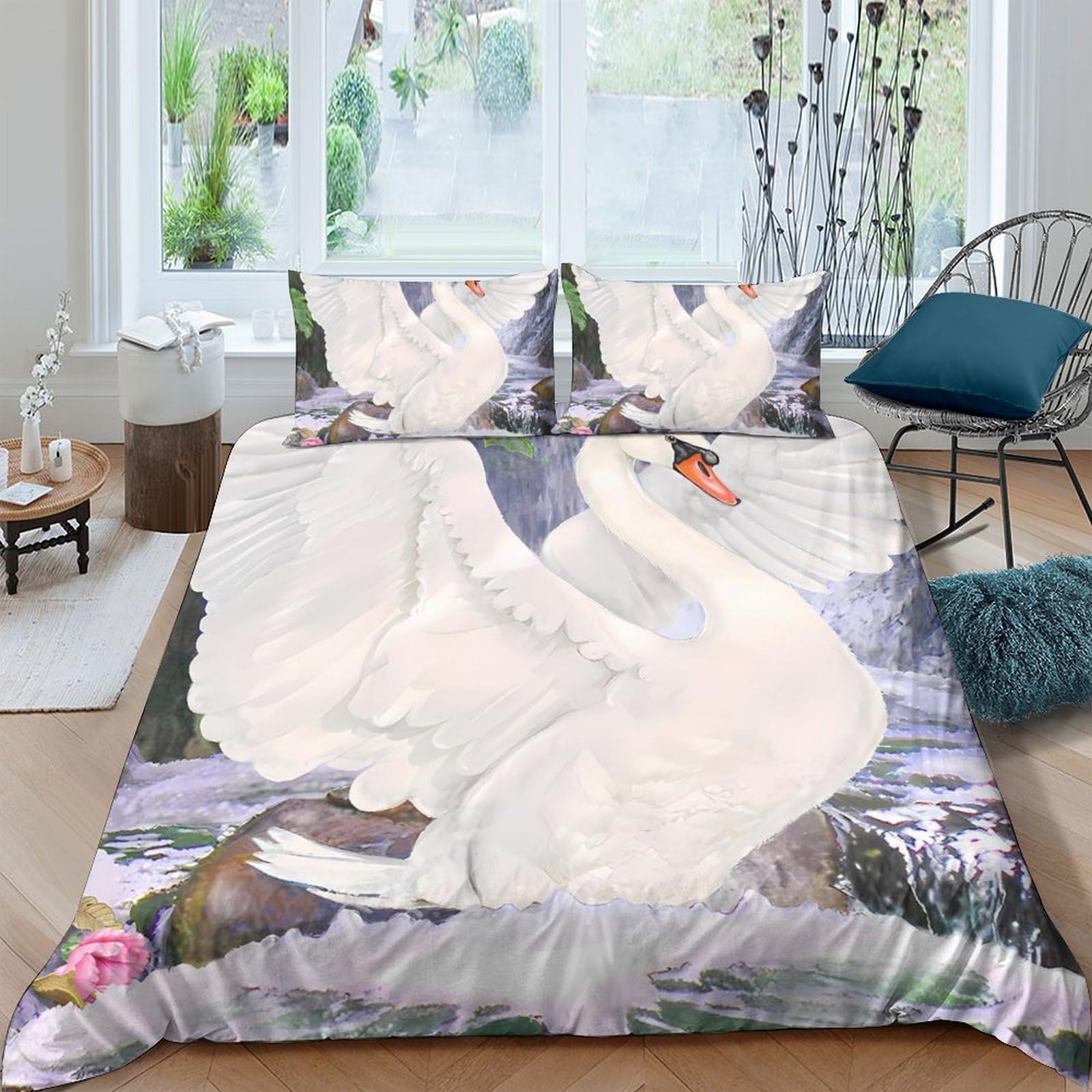 Ctjqhvkz Style-1 3D Printed Elegant Swan Fitted Sheet Microfiber Soft Anti-Slip White Lake Flower Mattress Cover For Bedroom Dorm Decor Single（135X200cm）
