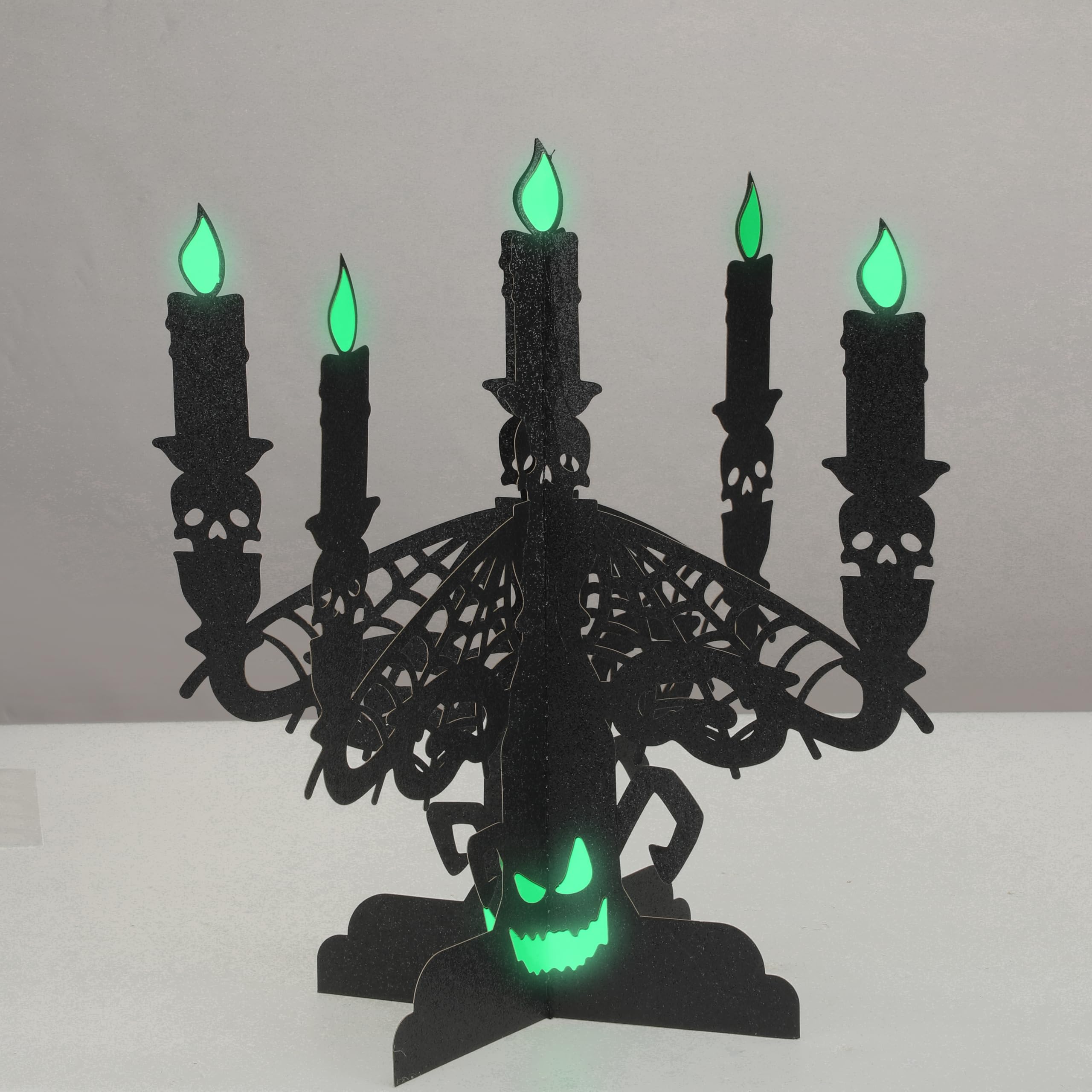 Sunnychicc 2 Sets Halloween Candelabra Centerpiece with Glow Blue Flames 3D Skull Bat Candelabra Decoration Spooky Black Halloween Candlestick Holders Decoration