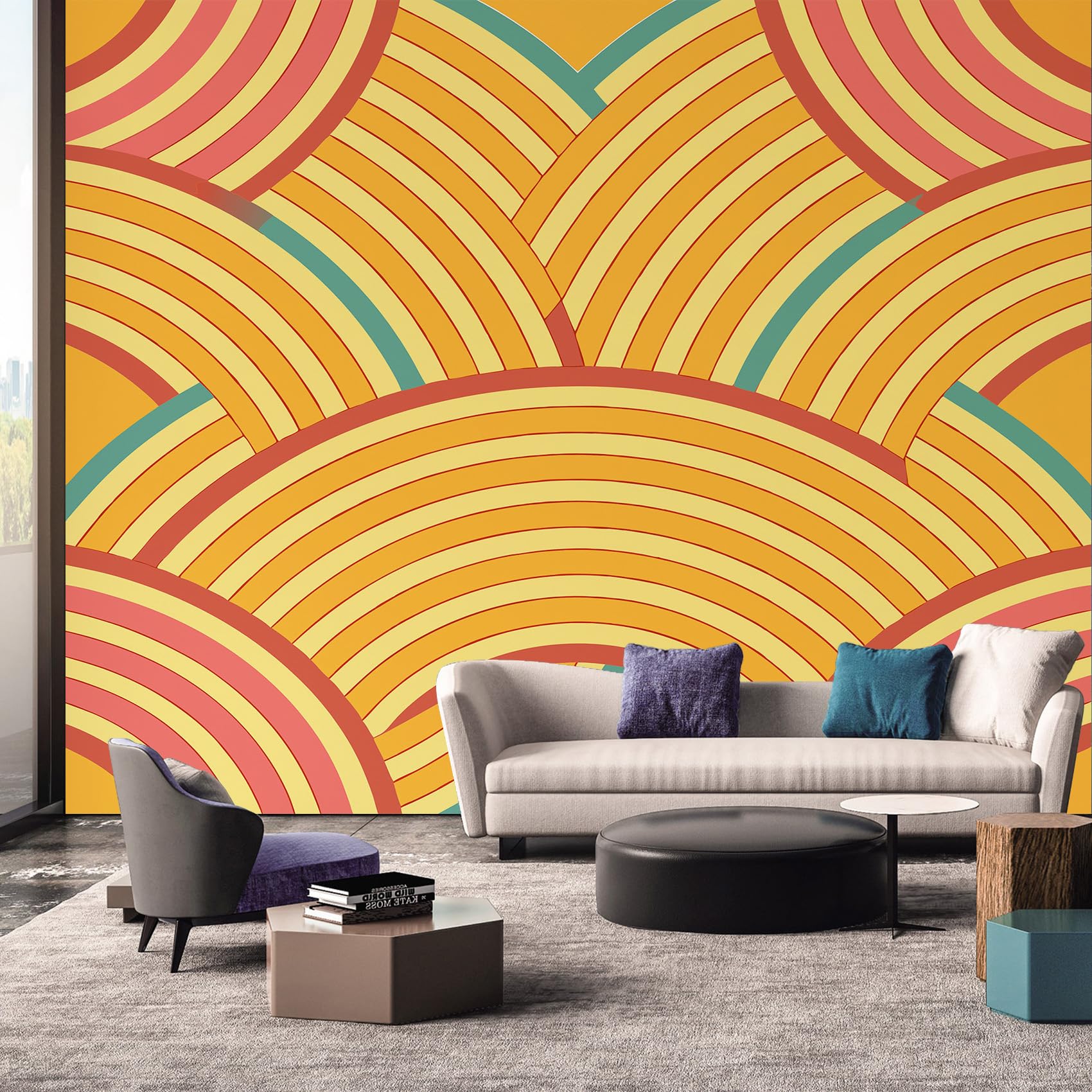 70s Wallpaper, Orange Yellow Striped Retro Wallpaper Murals, 70s Room Decor Wall Art for Bedroom Kitchen Living Room 500L x 350W cm