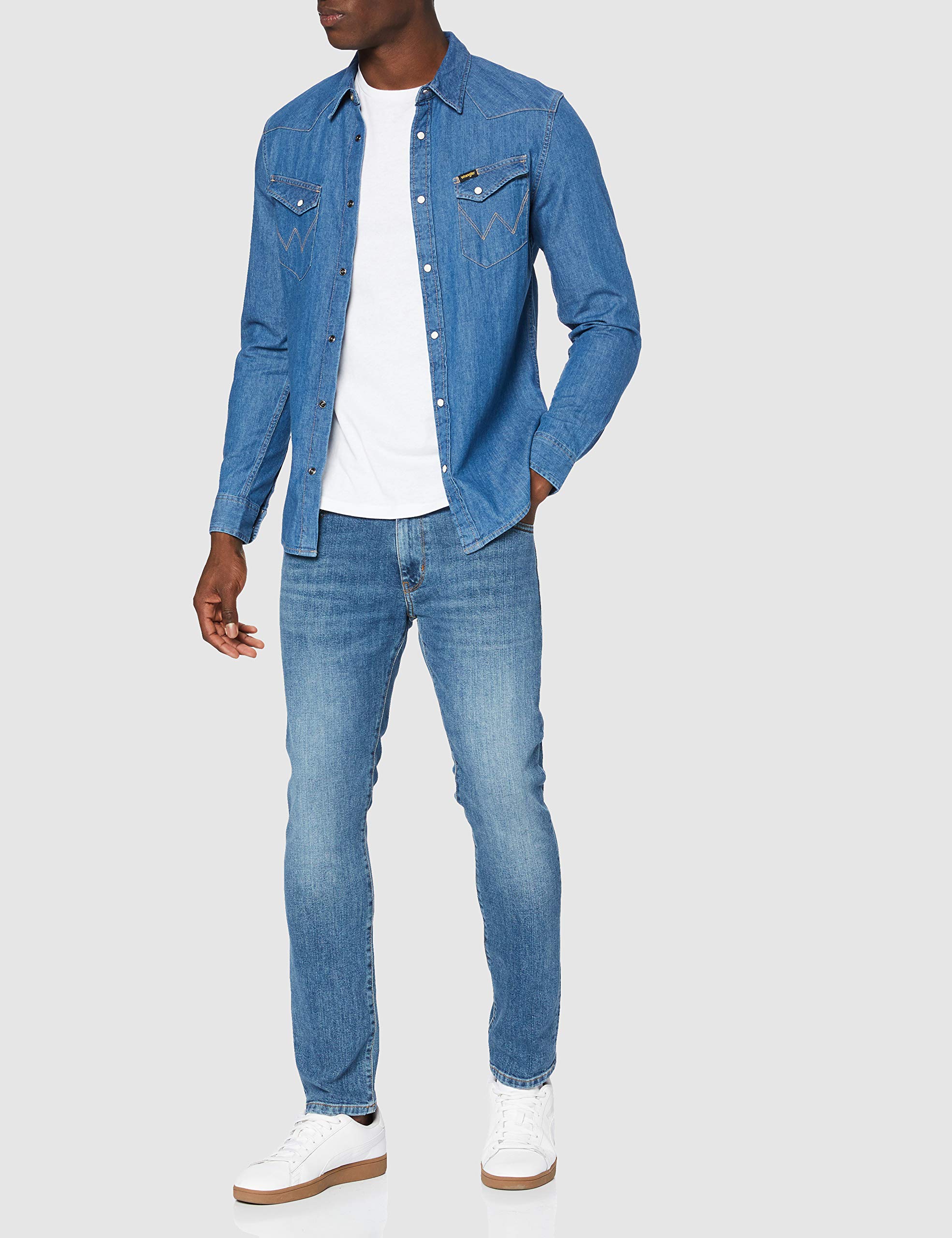 Wrangler Uomo Ls Western Denim Shirt Straight, Blu (Mid Stone), S