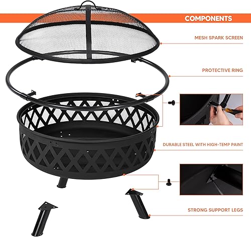 Miniatura 5 de SUNCREAT Hoguera de patio de 42 pulgadas con pantalla de malla para chispas, hoguera al aire libre con póker para chimenea, color negro