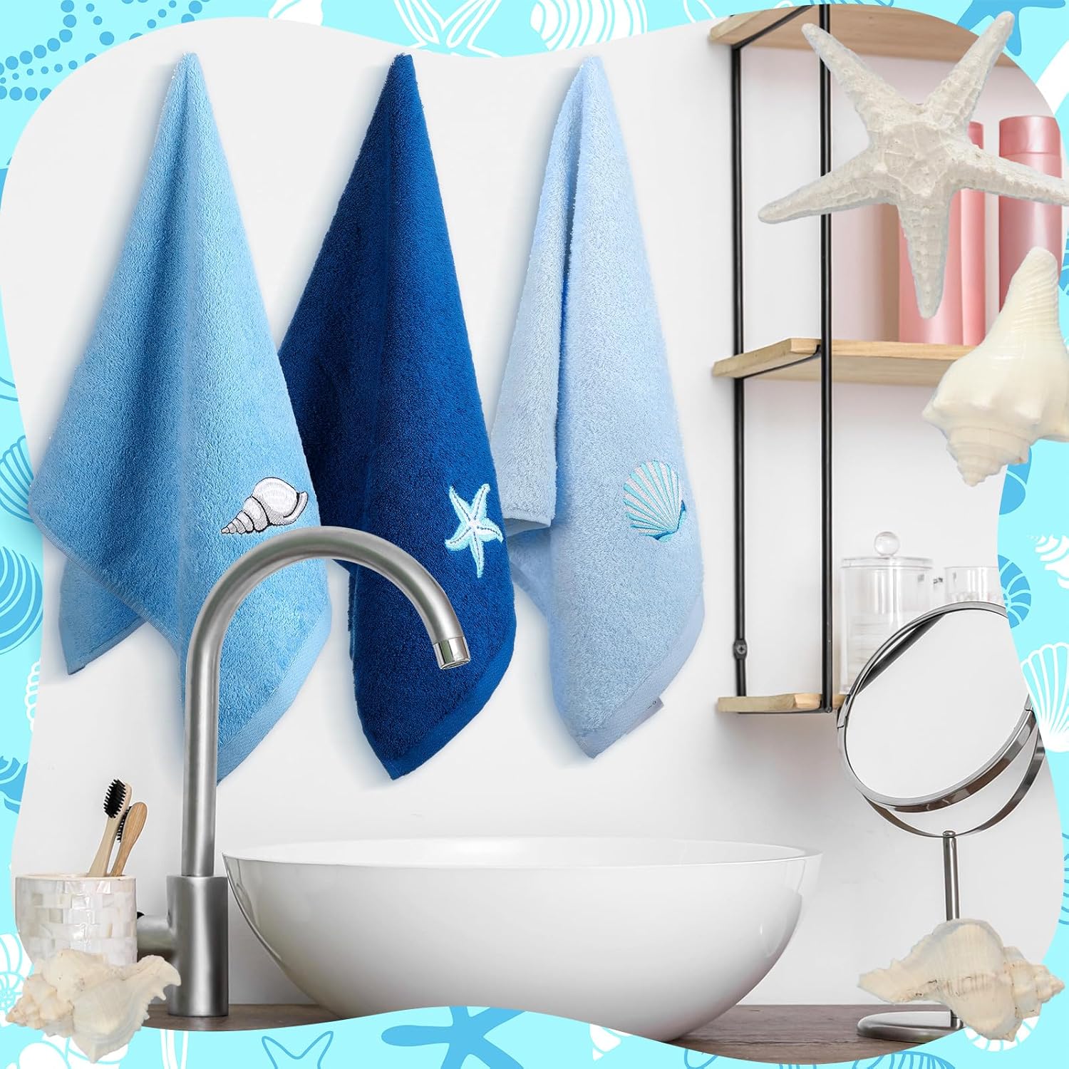 SmoothNovelty 3 Pcs Coastal Hand Towels for Bathroom Ocean Embroidered Cotton Kitchen Towels 13.3" x 29.5" Rustic Beach Decorative Gifts for Bath Shower Farmhouse Decors Housewarming Gift(Blue)