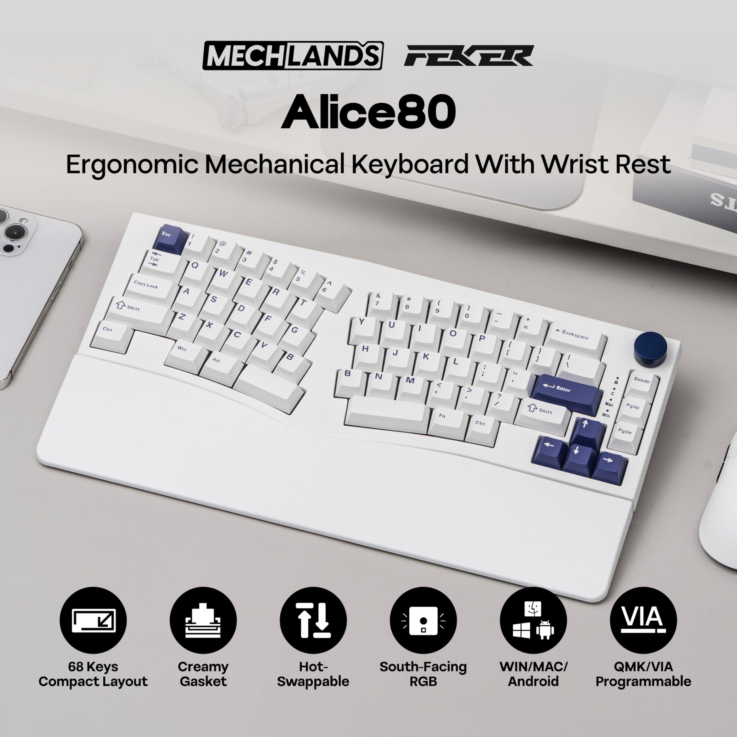 MechLands Feker Alice80 Tastiera Meccanica Ergonomica a 68 Tasti, Programmabile QMK & VIA, Tastiera da Gioco Wired con Guarnizione Cremosa, Hot Swap, Imbottitura a 5 Strati, NKRO, RGB per Win/Mac
