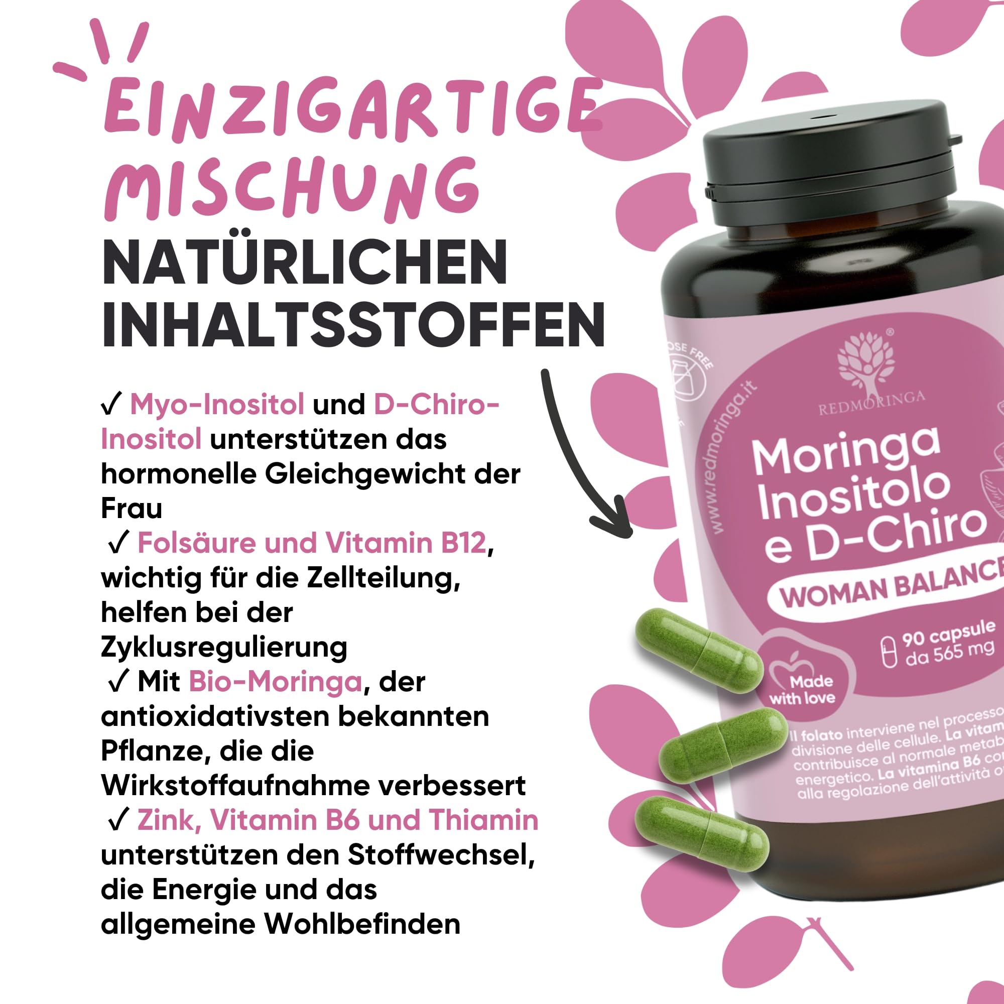 Women Balance PCOS Formula mit Myo Inositol & Bio Moringa Vitamin B Komplex mit B12 & B6 & Folsäure - Unterstützt Hormonhaushalt & Menstruationszyklus - 270 Kapseln