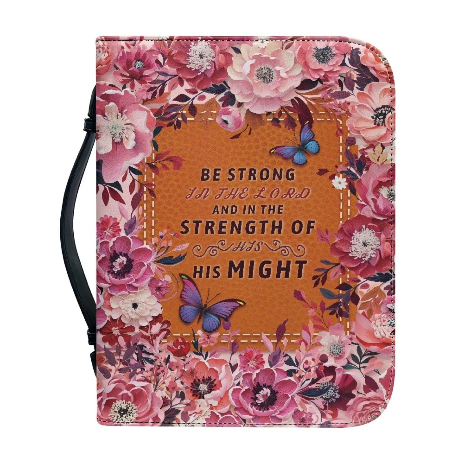 Talayituse Flower Butterfly Print Faux Leather Bible Cover for Men Boys Women Girls Be Strong in The Lord Christian Bible Case with Handle Carrying Book Case Protector Bible Tote Handbag, 2XL — image 1