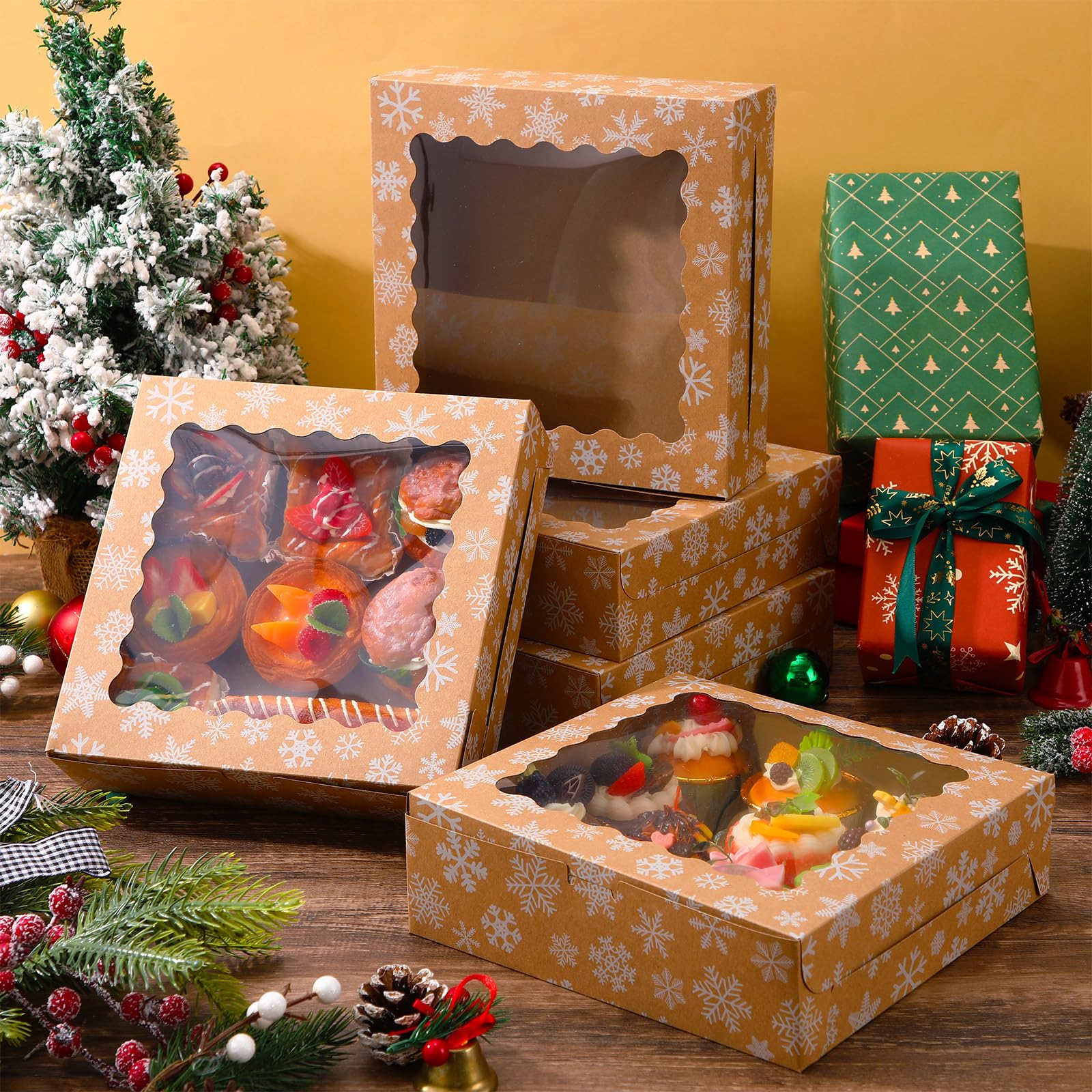 FoldTier Weihnachts-Keksboxen aus Kraftpapier mit Sichtfenster, 22,9 x 22,9 x 6,3 cm, Weihnachtsschneeflocke, Bäckerei, Geschenkboxen für Weihnachten, Party, Geschenke, 48 Stück