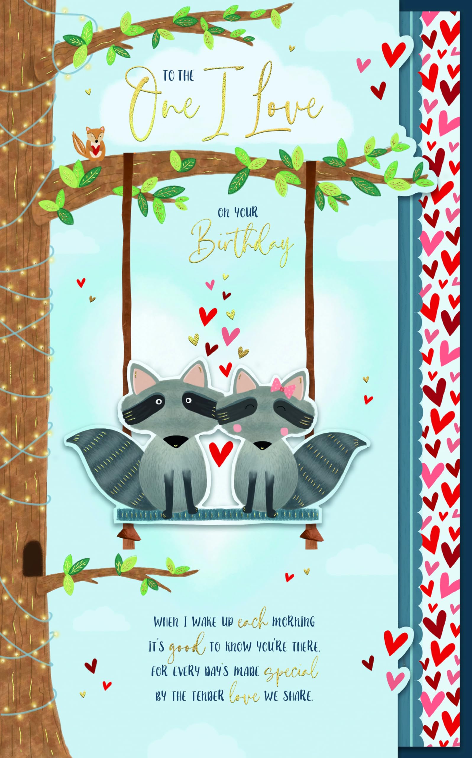 Wishing Well Birthday Card To The One I Love, Racoons On Swing Handmade Greeting Card Studios - 7x11ins