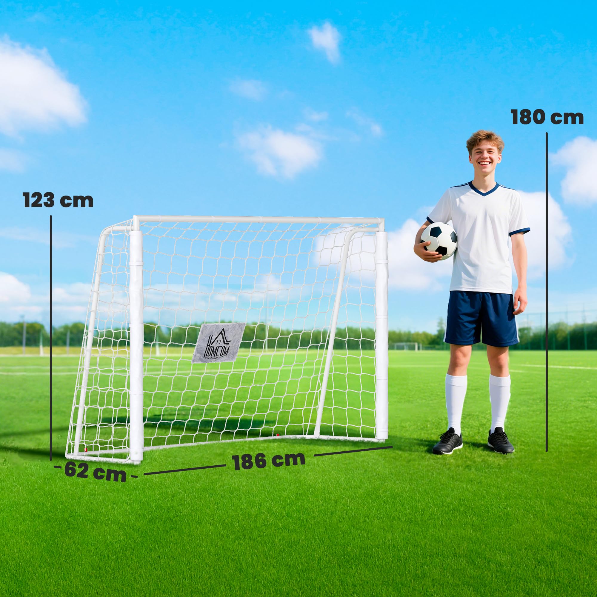 HOMCOM But de Football Cage de Foot d'entraînement 186L x 62l x 123H cm Châssis Métal Filet PE Piquets & Outil Inclus