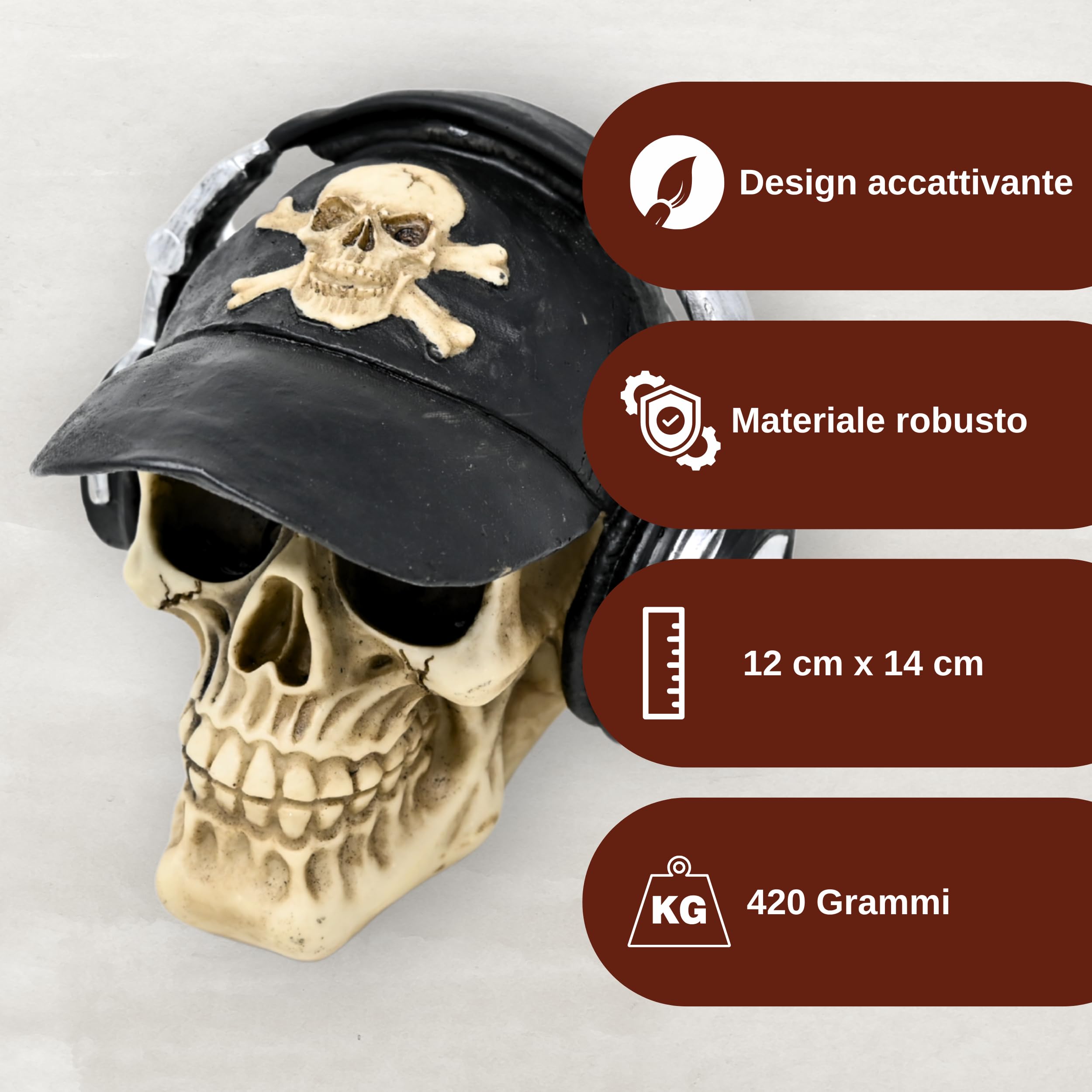 Decorazione a forma di teschio marrone con tappo da base– teschio scuro romance – scheletro – decorazione spaventosa – teschio – giorno della scultura morta – spaventosa decorazione di