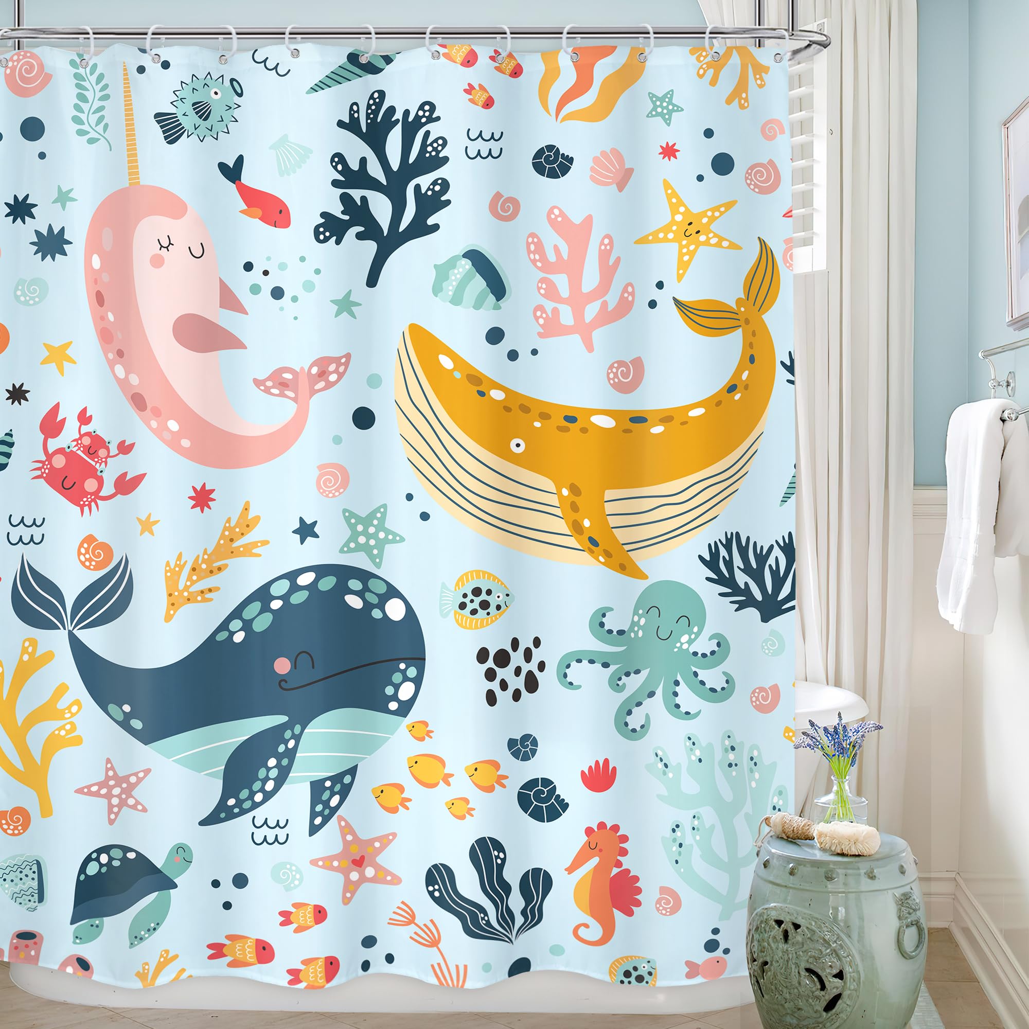 LGhtyro Kids Whale Blue Shower Curtain Bathroom Set 60Wx71H Inches Funny Cute Cartoon Fish Ocean Sealife Under Sea Coral Starfish Bath Accessories for