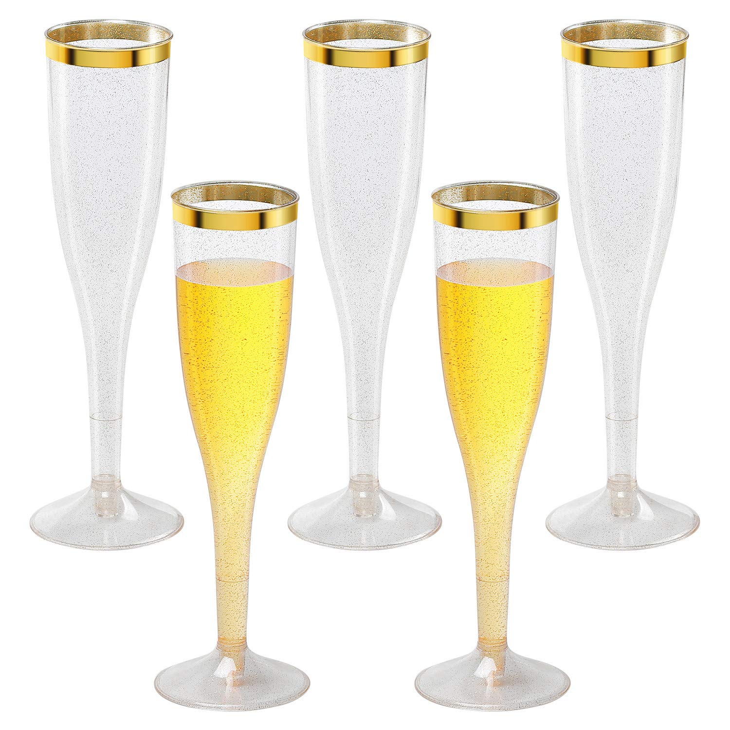 Plastic Champagne Flutes with Gold Glitter and Gold Rim Reusable Disposable Champagne Flutes Glasses for Wedding, Party, Cocktail, Celebration (6.5oz) (12PACK)