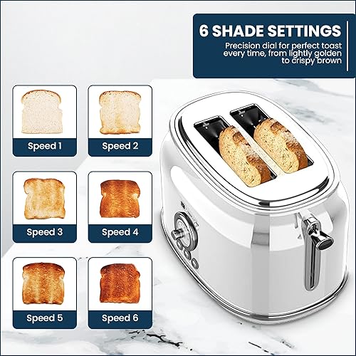 Miniatura 5 de Tostadora de 2 rebanadas, estilo retro, ranura ancha para pan, magdalenas inglesas, croissants y bagels, 6 ajustes de tostadas ajustables,