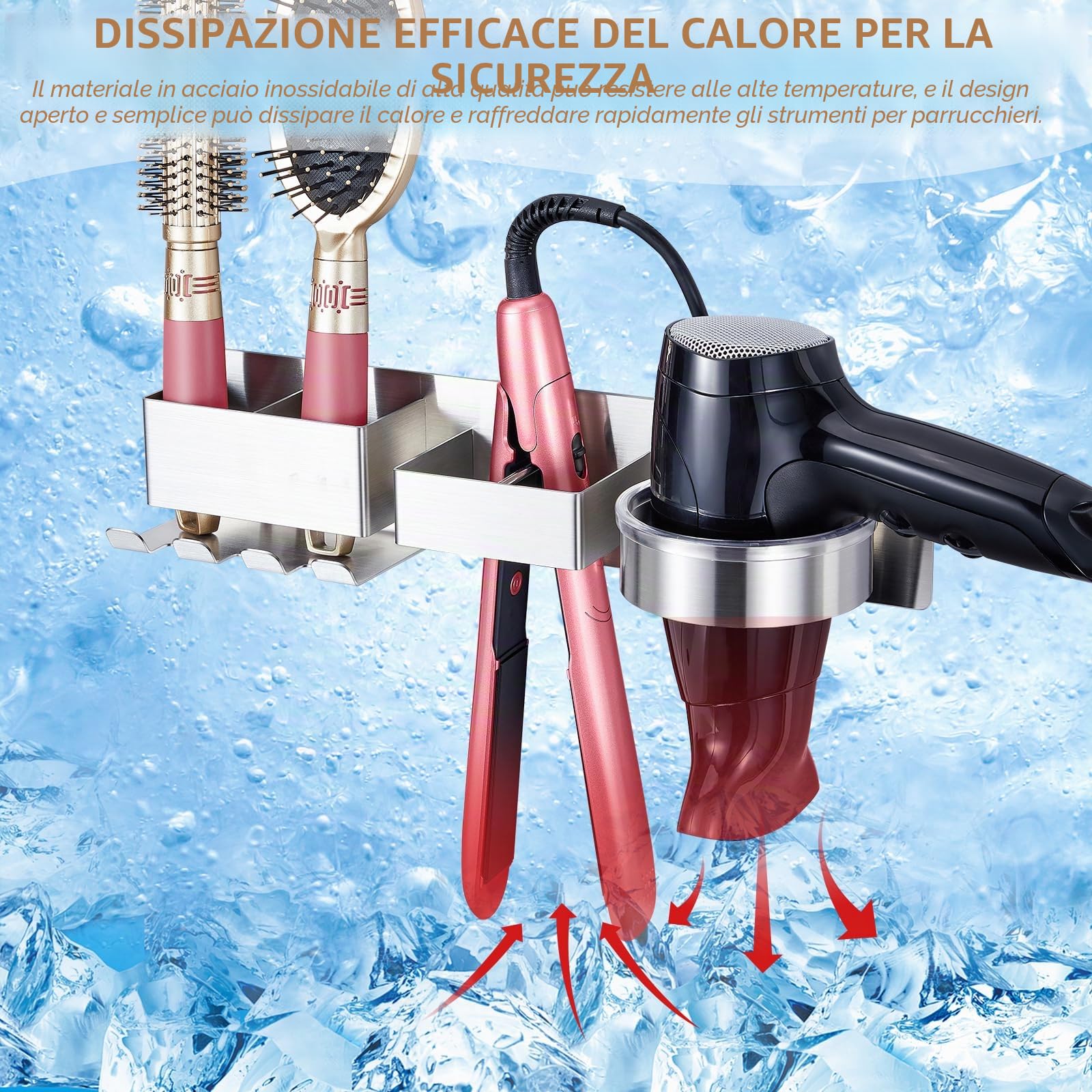 Porta phon e piastra, Porta phon da muro, Porta piastra per capelli, Porta asciugacapelli con 2 Scomparti E Supporto per Cavo, in acciaio inox Porta Phone Bagno da Muro, Supporto per asciugacapelli