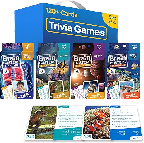 Brain Busters - Juego de cartas para niños, paquete de trivia familiar con 120 tarjetas flash. Aprende y juega con tarjetas de trivia de múltiples