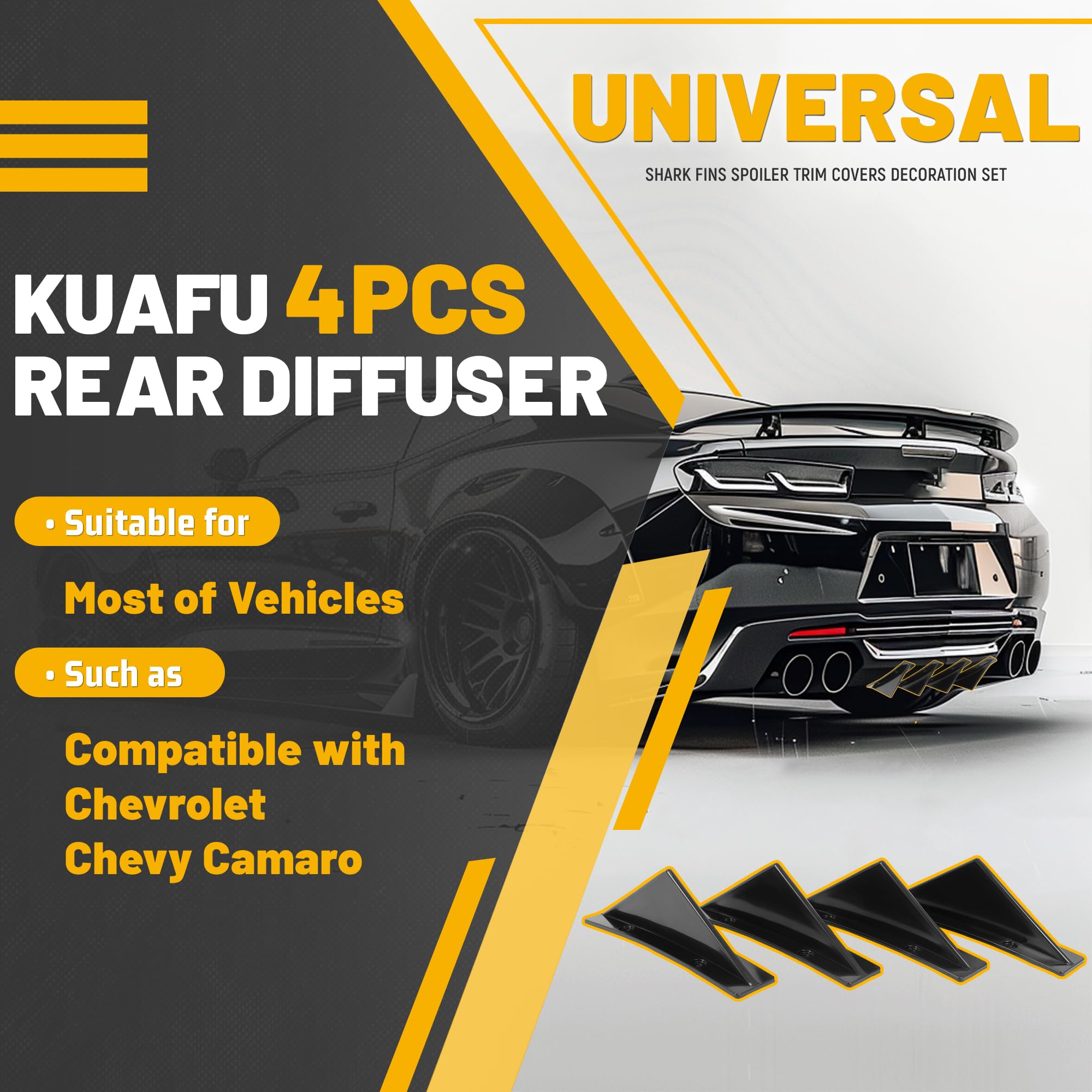 KUAFU 4Pcs Universal Rear Bumper Lip Splitter Diffuser Shark Fins Spoiler Trim Covers Decoration Set ABS Plastic Black