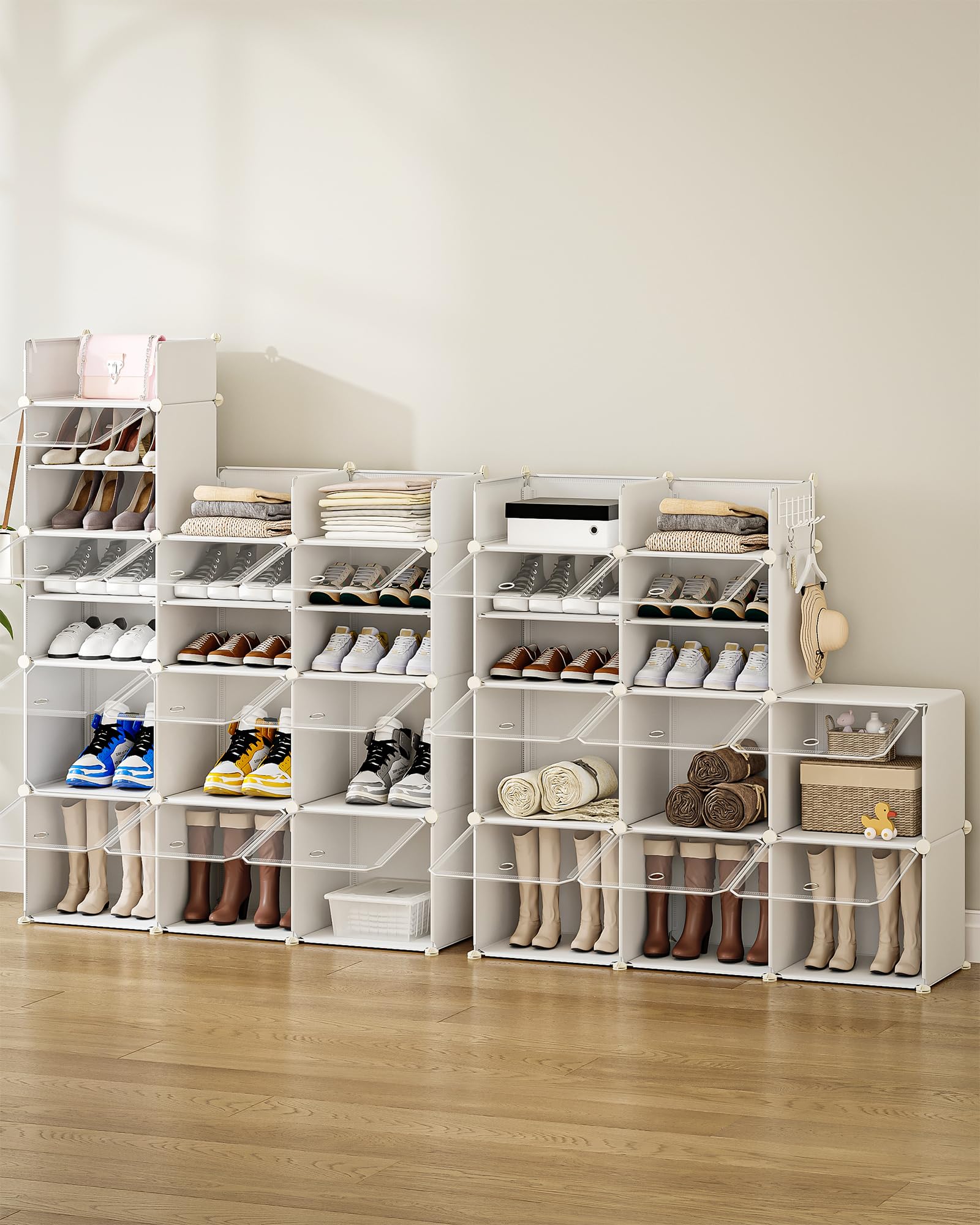 Hzuaneri Zapatero de 12 Puertas con Ganchos, para 48 Pares de Zapatos | Banco de Zapatos de Plástico para Pasillo, Dormitorio, Entrada, 36 x 125 x 161 cm, Blanca Transparente, SR10903W