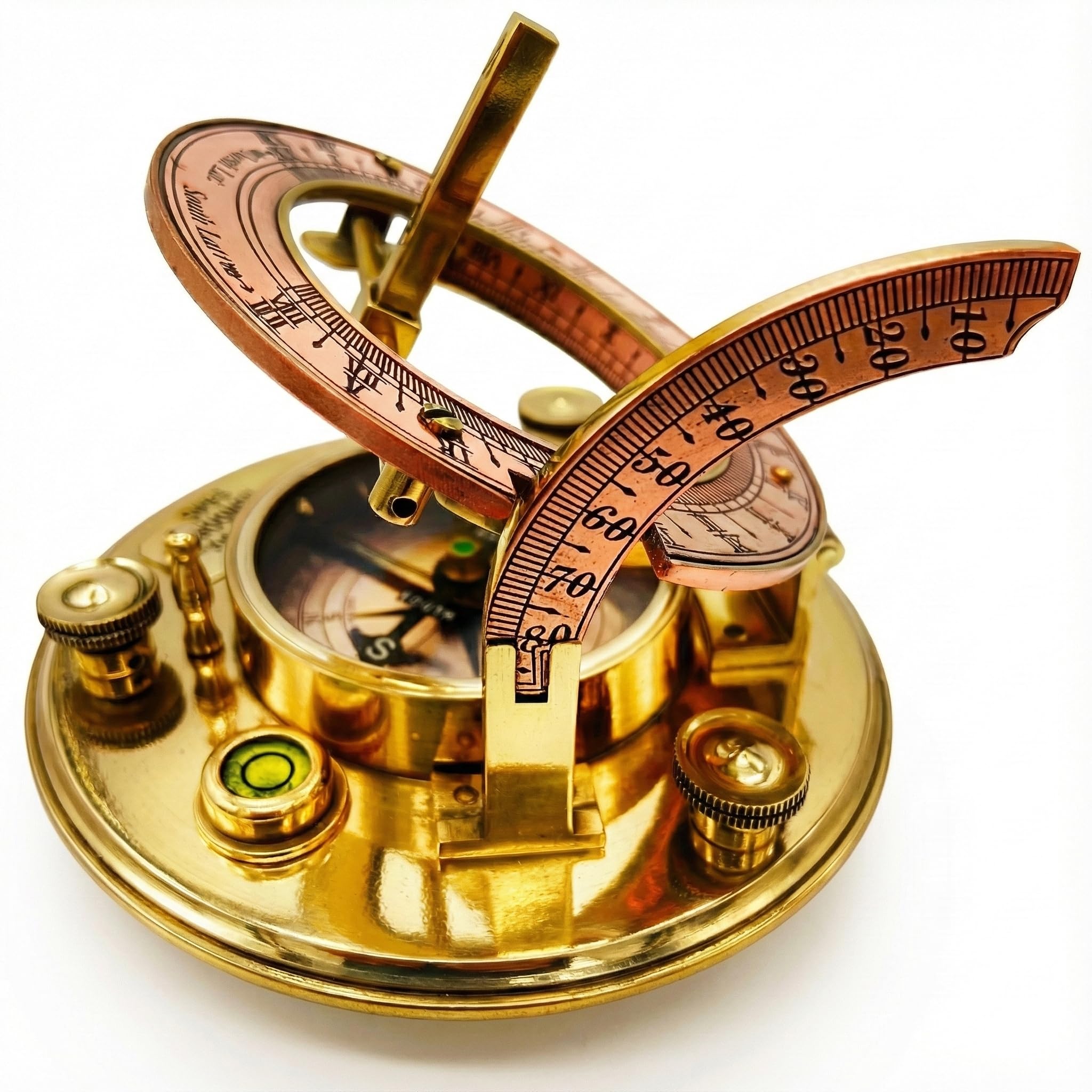 OakiWay Brass Sundial Compass - Gifts for Men, Nautical Sailing Anniversary Present for Him, Antique Vintage Pocket Watch with Leather Case, Unique Birthday Retirement Gift (4.1" Inch Diameter)