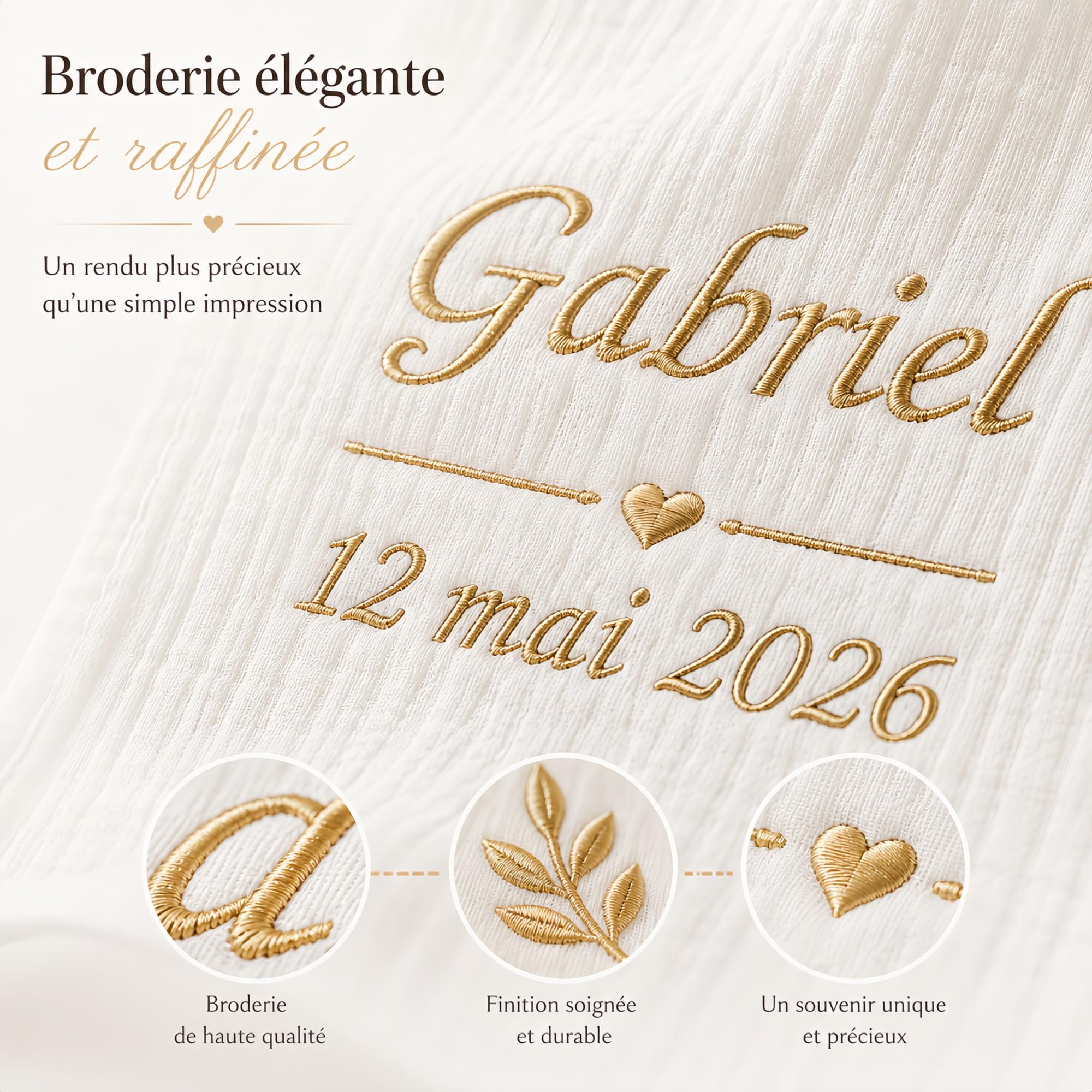 Écharpe de Baptême Personnalisée Bébé – Double Gaze de Coton Brodée Prénom & Date – Étole Baptême Blanche Douce et Légère – Cadeau Baptême avec Coffret Cadeau(Modèle 17)