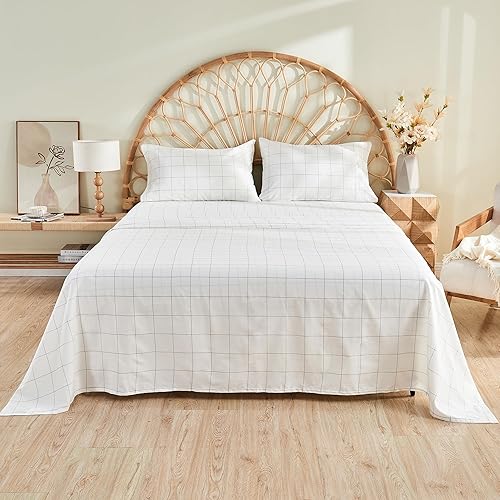 Miniatura 6 de JELLYMONI Juego de sábanas 100 % algodón, a cuadros blancos, tamaño King, ropa de cama suave con sábana bajera de bolsillo profundo, sábana encimera