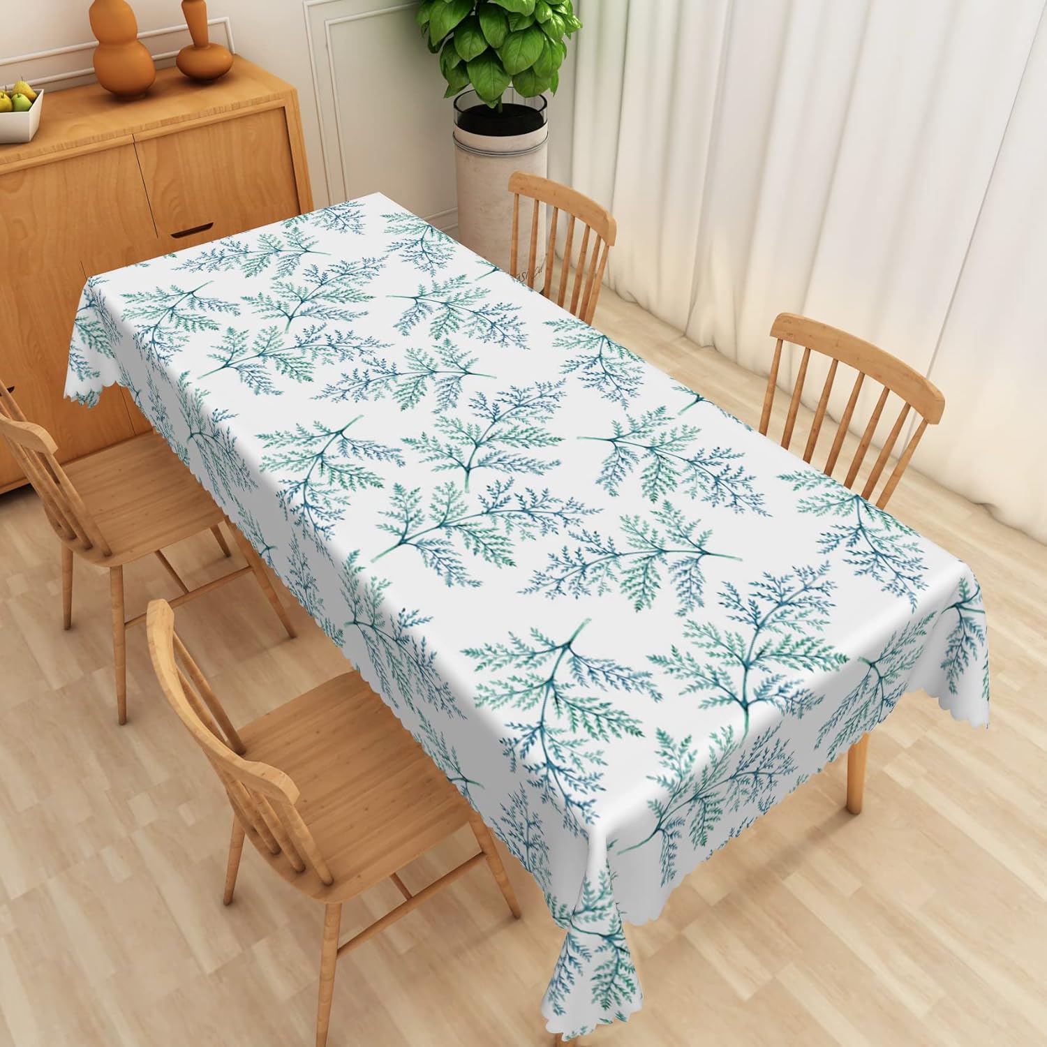 Wild Fern Tablecloth 70x108 Inch Natural Cyan Plant Leaves Print White Fabric Table Cloth Polyester Waterproof Reusable Rectangle Table Cover for Picnic Camping Hiking Dining Room Decor