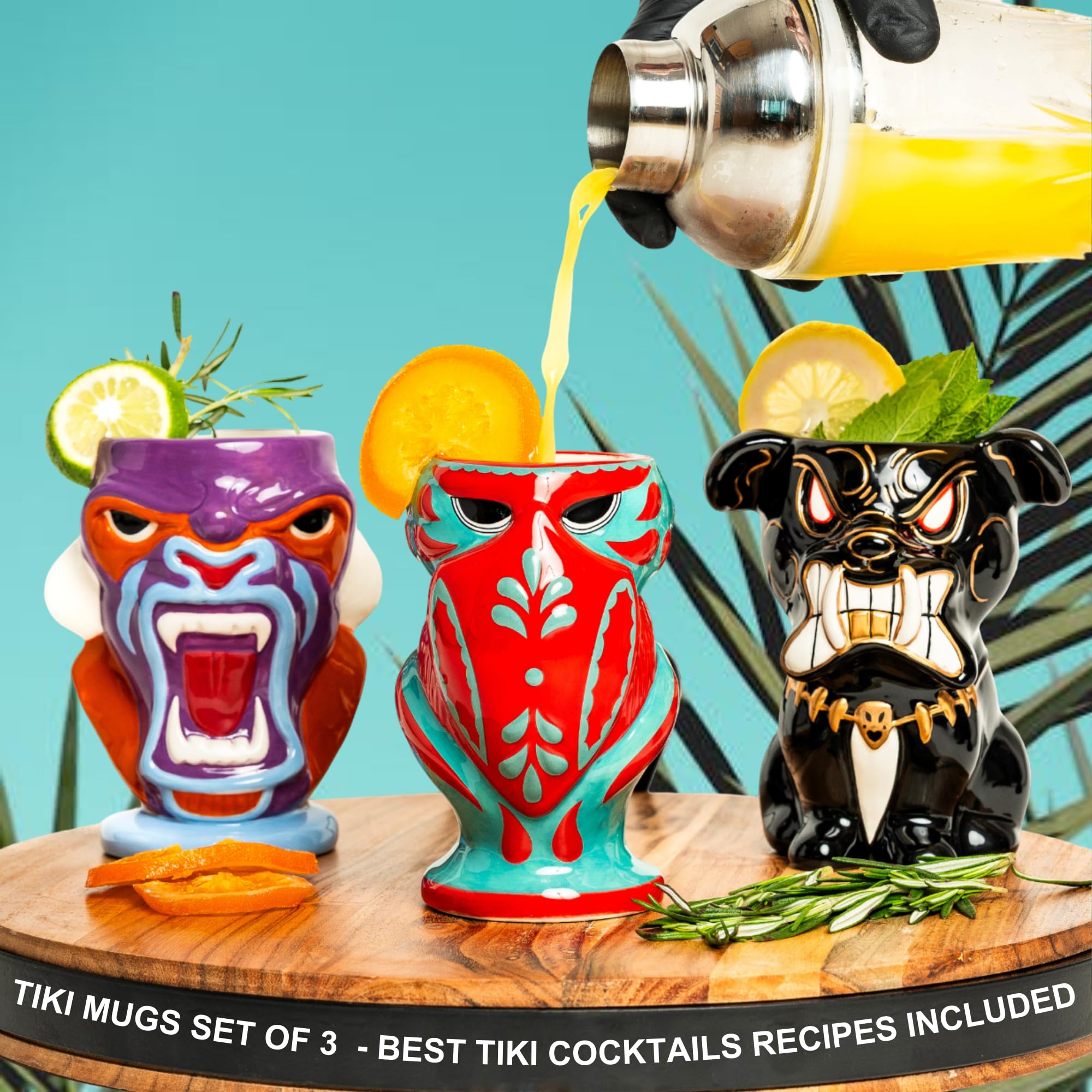Tikizoo Tiki Mugs Set of 3-16oz Ceramic Cocktail Glasses for Mai Tai, Rum & Tropical Drinks - Fun Glassware Cups for Home Bar, Parties, Beach, Luau, Poolside, Summer BBQs & Hawaiian Decor Gift