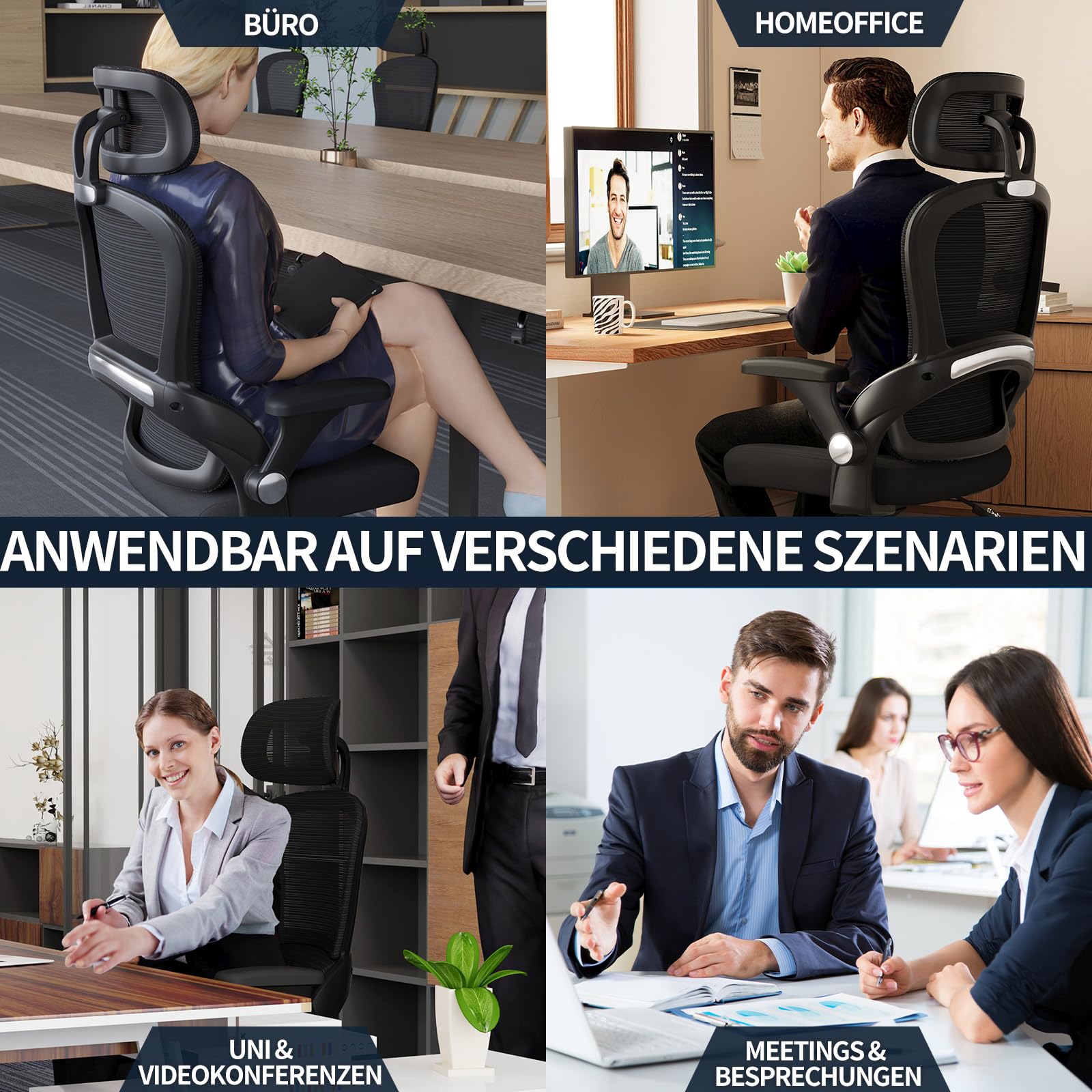 TRALT Ergonomischer Bürostuhl - Schreibtischstuhl mit Verstellbare Kopfstütze Höhenverstellbarer Bürostuhl Büro Stuhl - Office Chair Ergonomic Desk Chair - Gaming Stuhl 150kg für Lange Zeit Schwarz