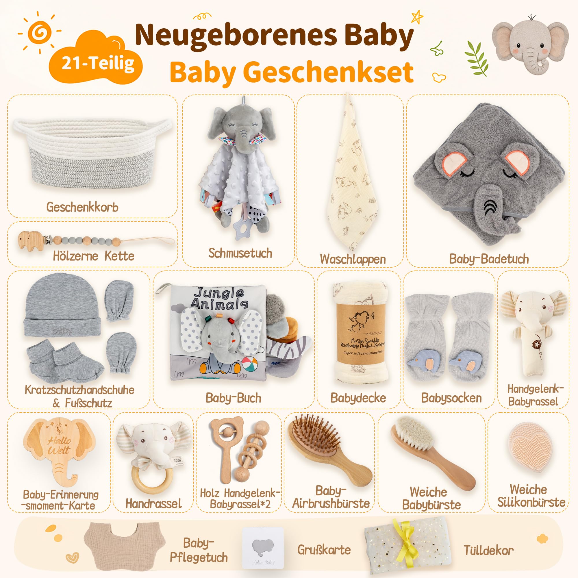 Neugeborenen Geschenk, Set zur Geburt mit Baby Kuscheldecke und Holzrassel | Geburtsgeschenk: Set zur Geburt mit Baby Kuscheldecke, Socken, Holzrassel, Silikonbürste und Grußkarte