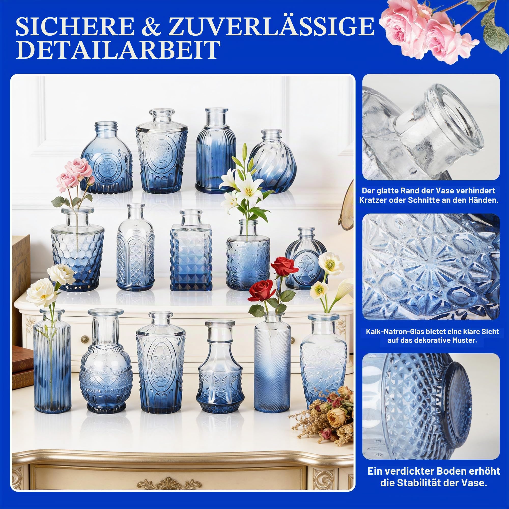 Kleine Vasen für Tischdeko, Vintage Mini Blumenvasen, Glasvasen für Hochzeit, Babyparty, Wohnungsdeko, Kleine Dekovasen für Blumen Pflanzen oder Geschenk,Blau 24er Set