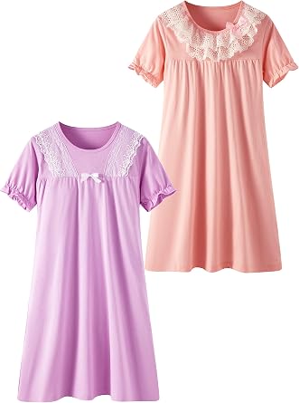 Girls Nightgowns Vintage Princess Night Gown Dress for Toddler Kids Short Sleeve Nightdress 2-Pack 5-12 Years