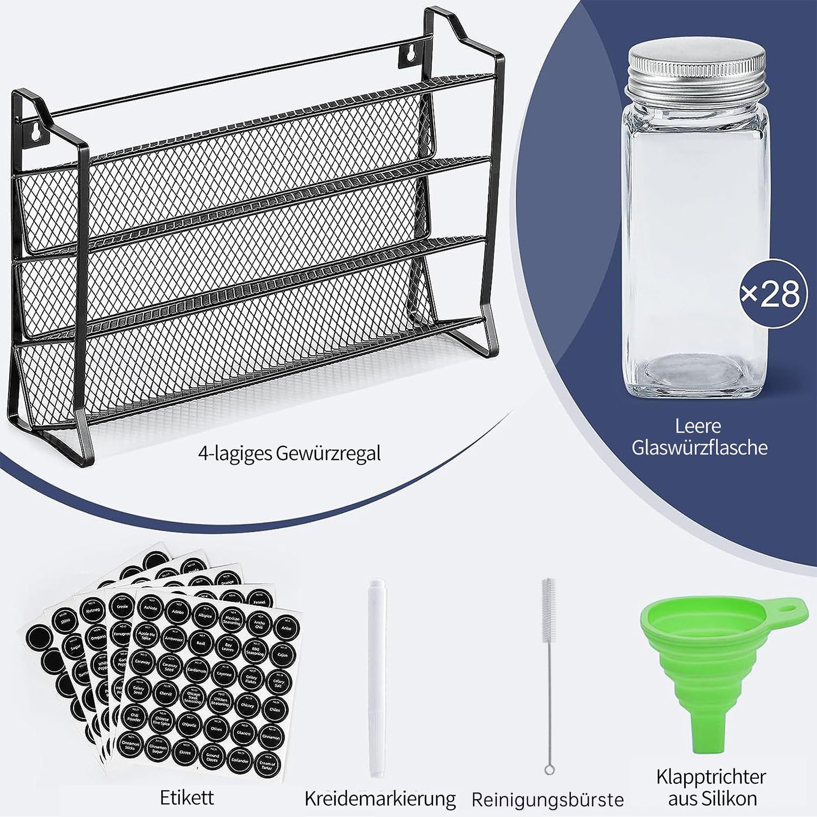 Generisch Gewürzregal Stehend & Wand Gewürz Organizer Küchen Organizer mit 28 Gewürzgläser und 180 Gewürzetiketten Spice Rack Organizer für Küche, Arbeitsfläche, Schrank, Speisekammer, JAR ROCK-4