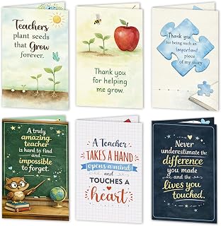 Teacher Appreciation Cards with Envelopes - 12 Pack Thank You Teacher Cards, Cute Thank You Notes from Students, Teachers Appreciation Gift Cards for Teacher's Day, End of Year Gifts